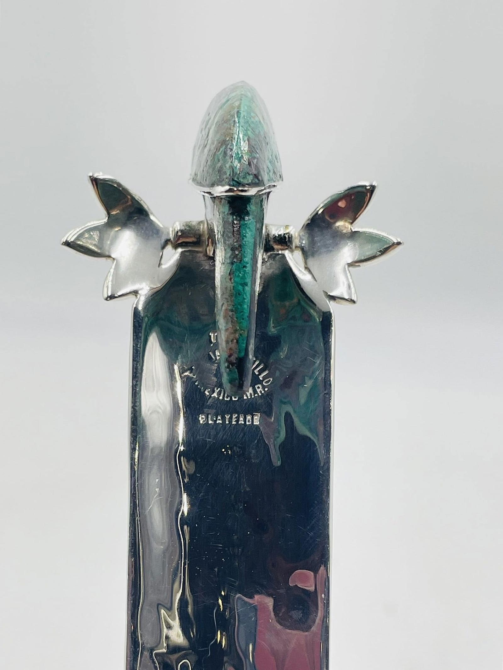 Emilia Castillo Mestolo placcato in argento con pappagallo di malachite, Modernismo messicano in vendita 4
