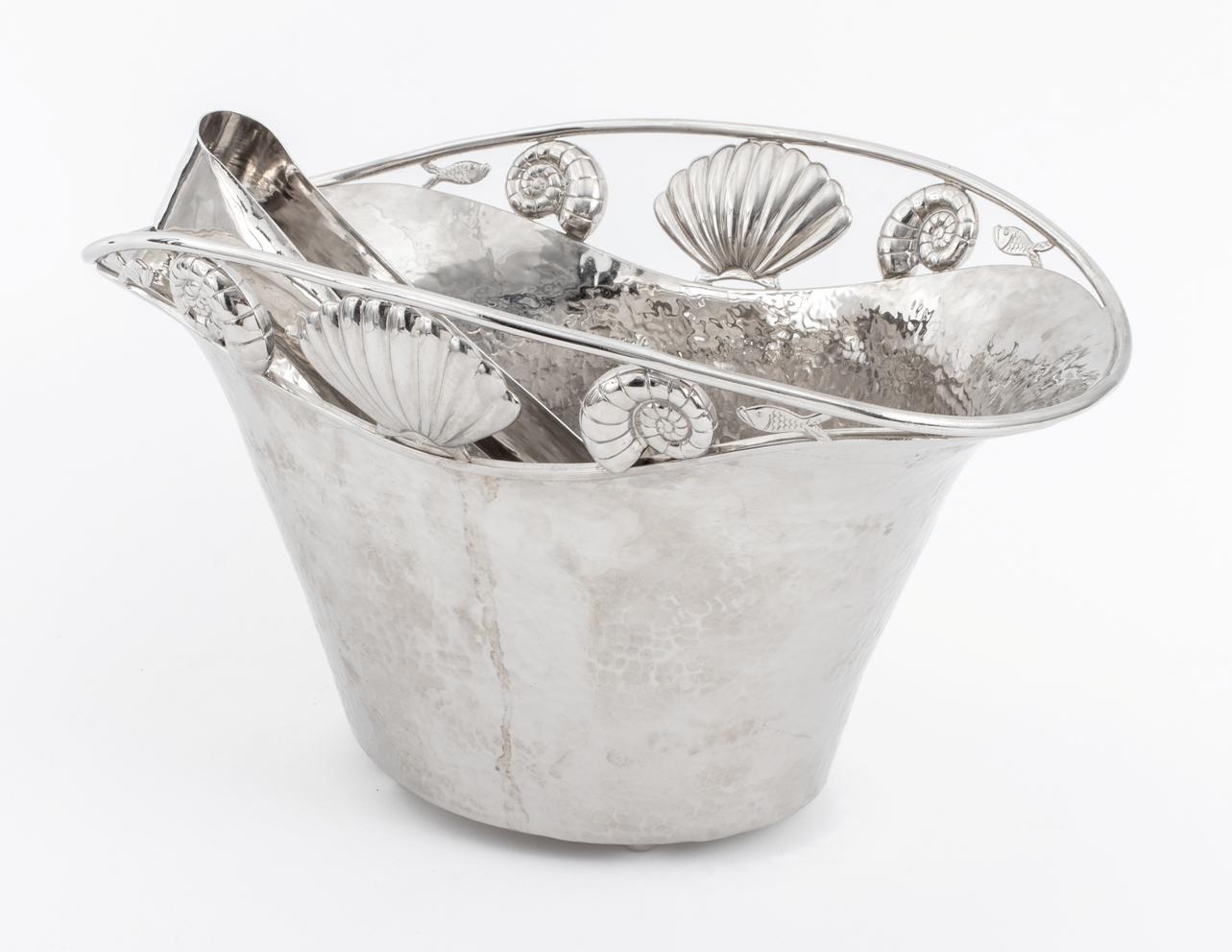 Hammered Emilia Castillo Silver-Plated Sea Shell Ice Bucket with Tongs