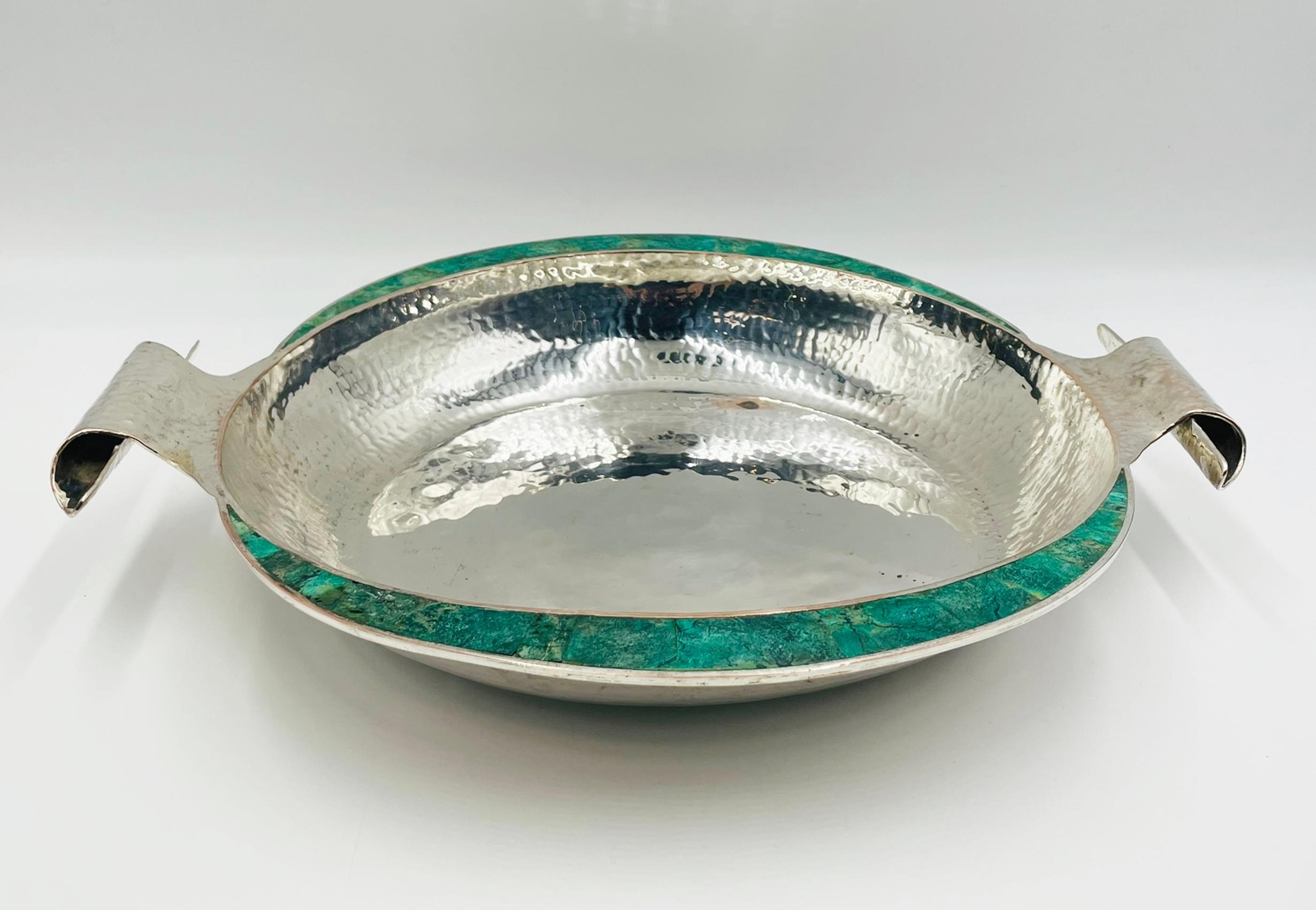 Ciotola di Emilia Castillo placcata in argento con intarsio di malachite, design messicano in vendita 2