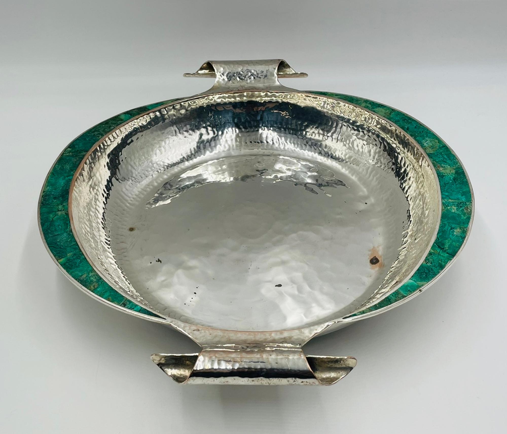 Ciotola di Emilia Castillo placcata in argento con intarsio di malachite, design messicano In condizioni discrete in vendita a Los Angeles, CA