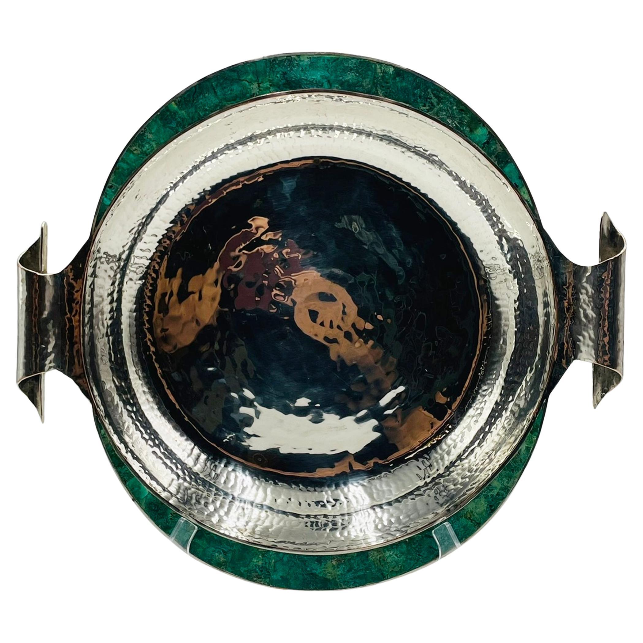Ciotola di Emilia Castillo placcata in argento con intarsio di malachite, design messicano