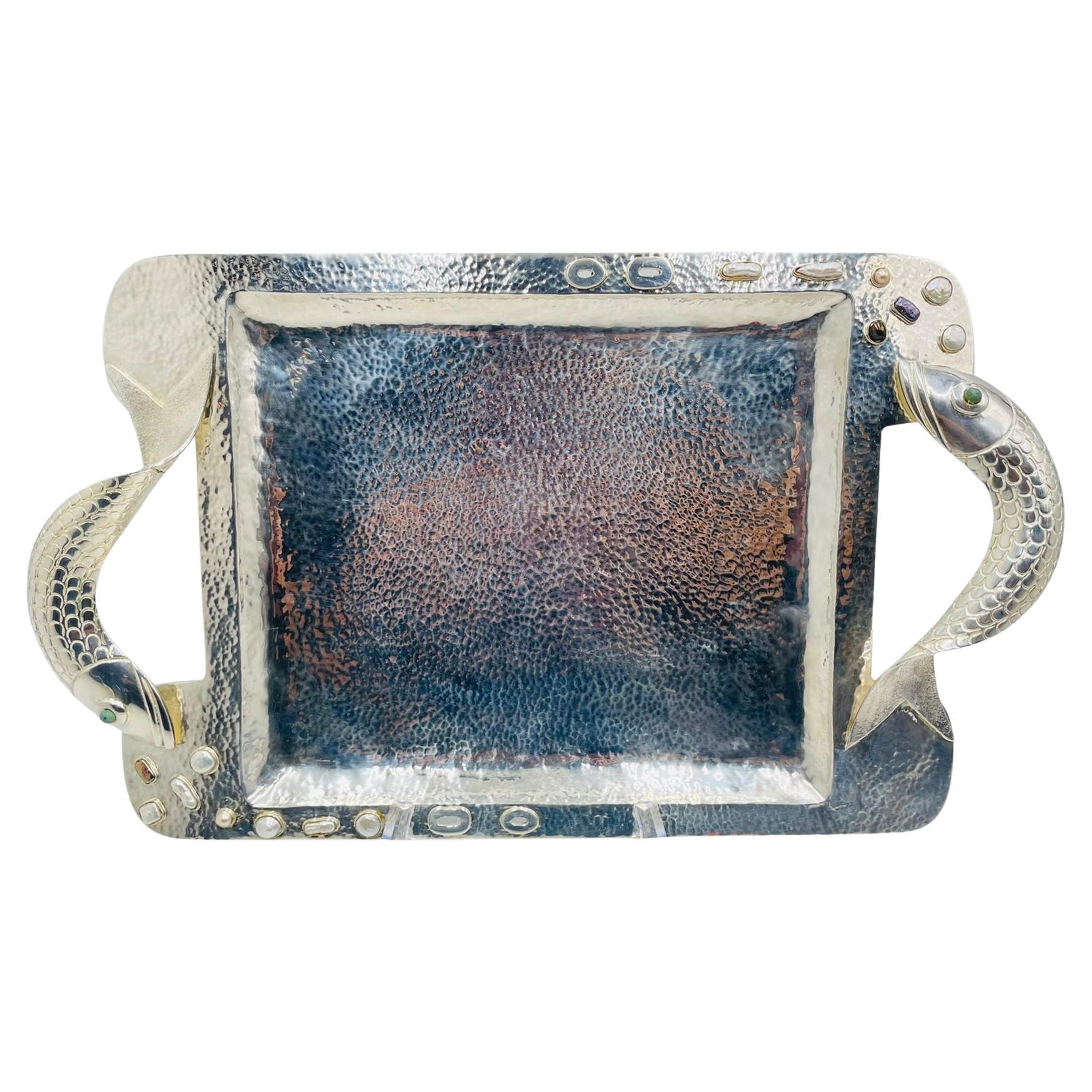 Emilia Castillo Silver-Plated Serving Tray with Fish Handles 
Abalone Inlay For Sale