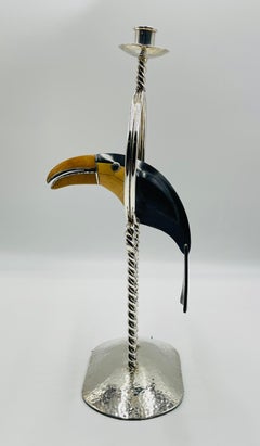 Emilia Castillo Silver-Plated Toucan Candlestick with Onyx Inlay, Taxco Mexico