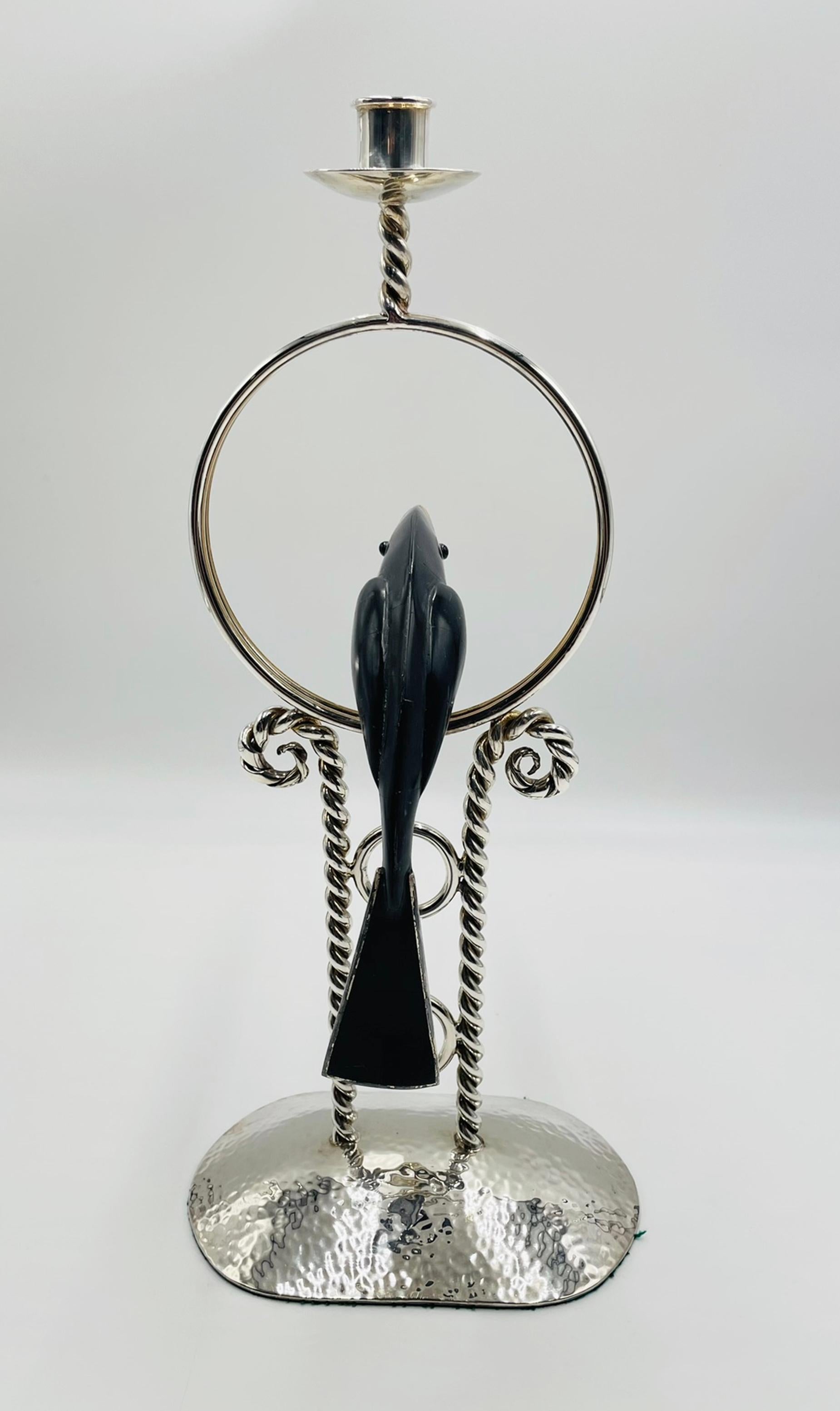 Messicano Emilia Castillo Candeliere a forma di tucano placcato in argento con intarsi in onice, Taxco Mexico in vendita