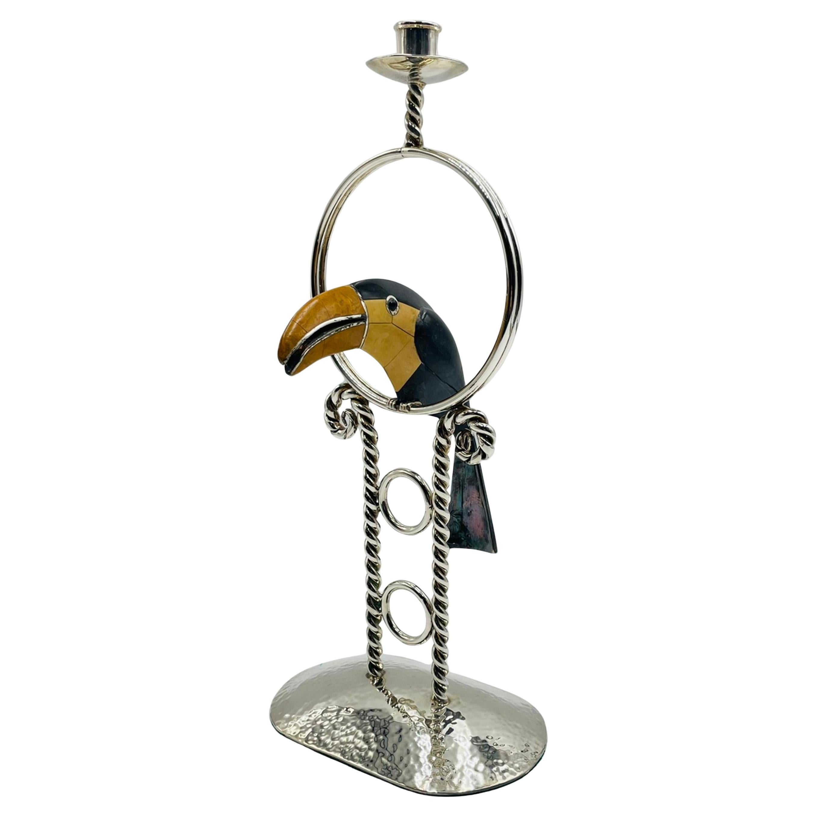 Emilia Castillo Candeliere a forma di tucano placcato in argento con intarsi in onice, Taxco Mexico in vendita