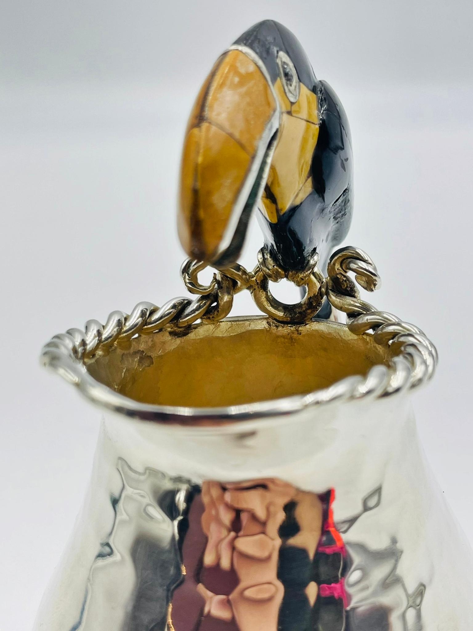 Emilia Castillo Versilberte Tukan-Kanne mit Onyx und Jaspis, Mexiko 1980er Jahre im Angebot 9