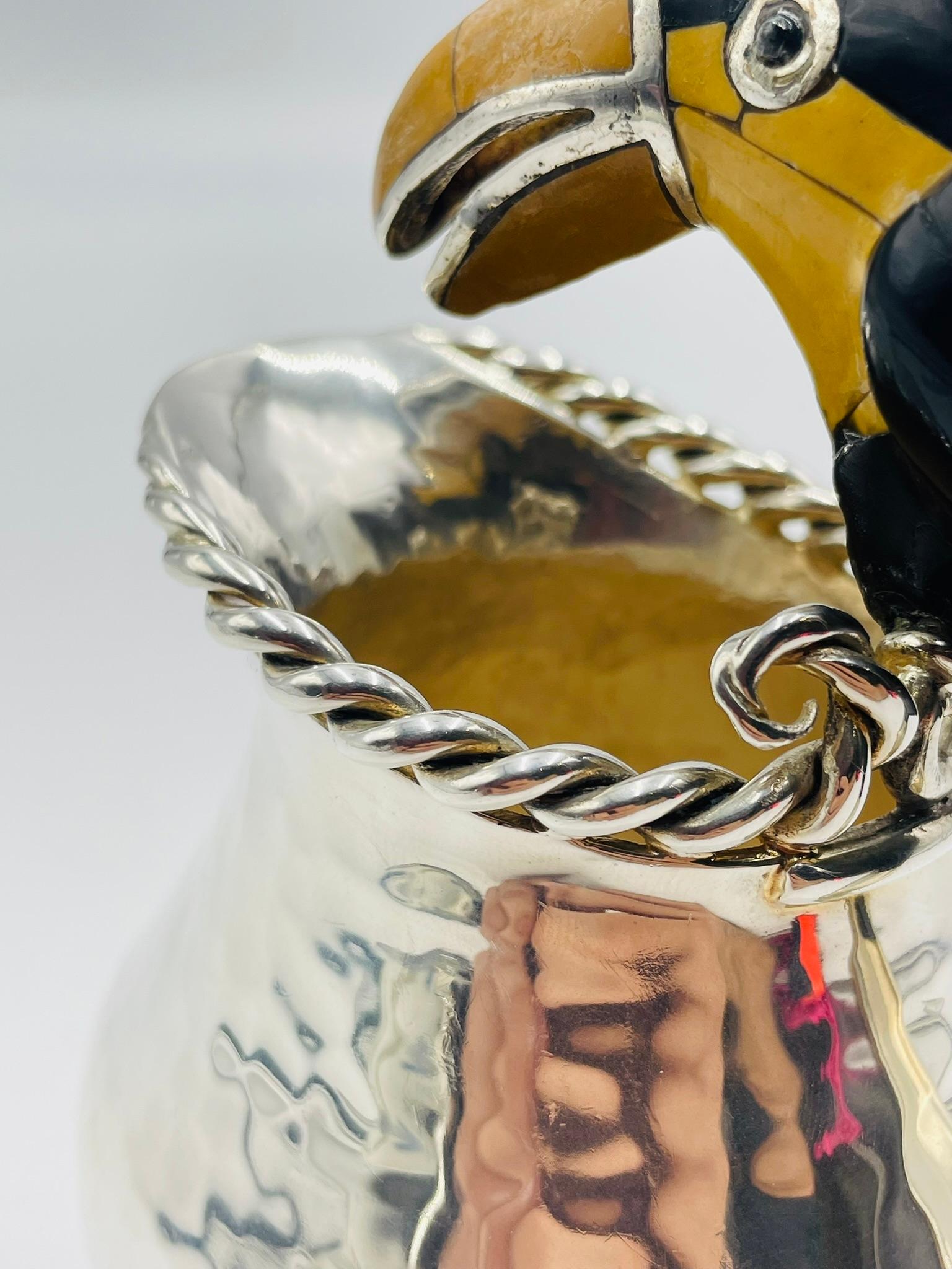 Emilia Castillo Versilberte Tukan-Kanne mit Onyx und Jaspis, Mexiko 1980er Jahre im Angebot 10