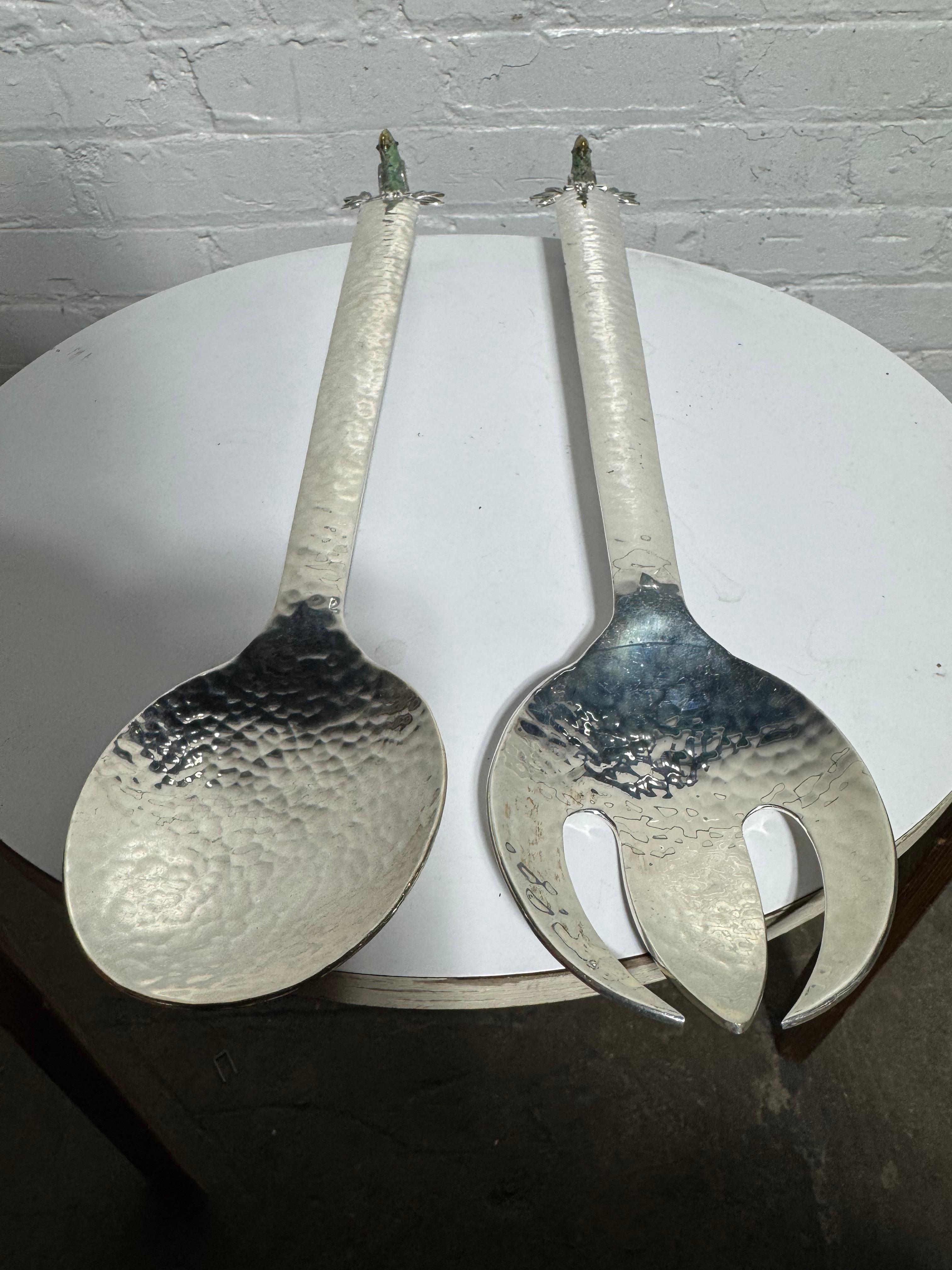 Cucchiai da insalata in argento di Emilia Castillo con pappagalli di malachite / Messico in vendita 2
