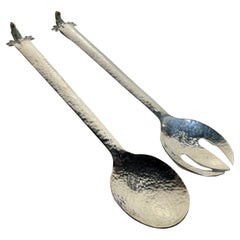 Emilia Castillo Silver Salad Serving Spoons with Malachite Parrots / Mexico