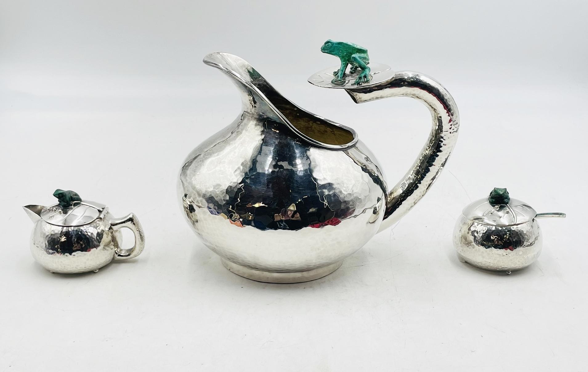 Mexicain Service à thé en argent Emilia Castillo avec grenouilles en malachite, signé Design/One mexicain en vente