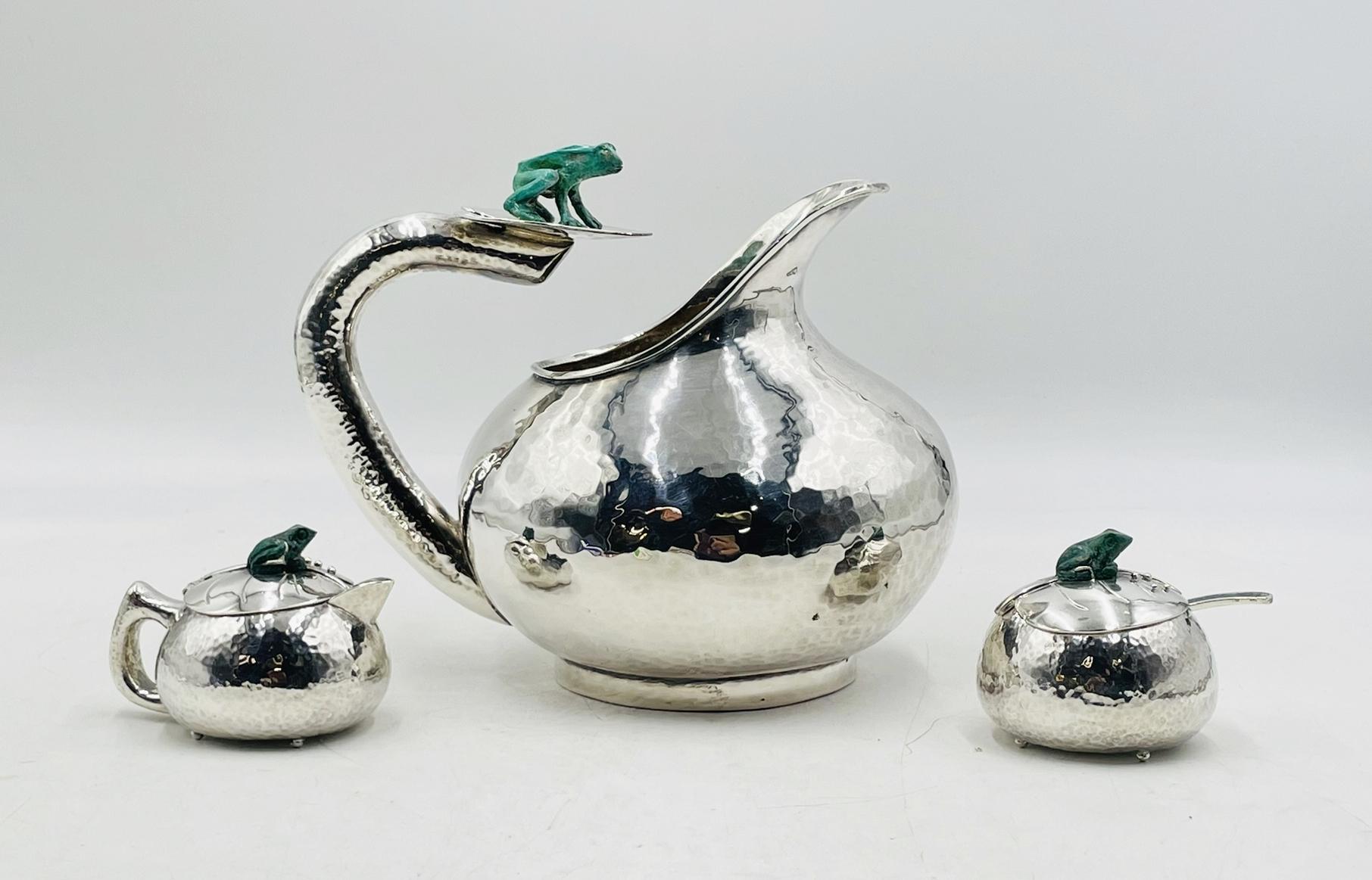 Fait main Service à thé en argent Emilia Castillo avec grenouilles en malachite, signé Design/One mexicain en vente