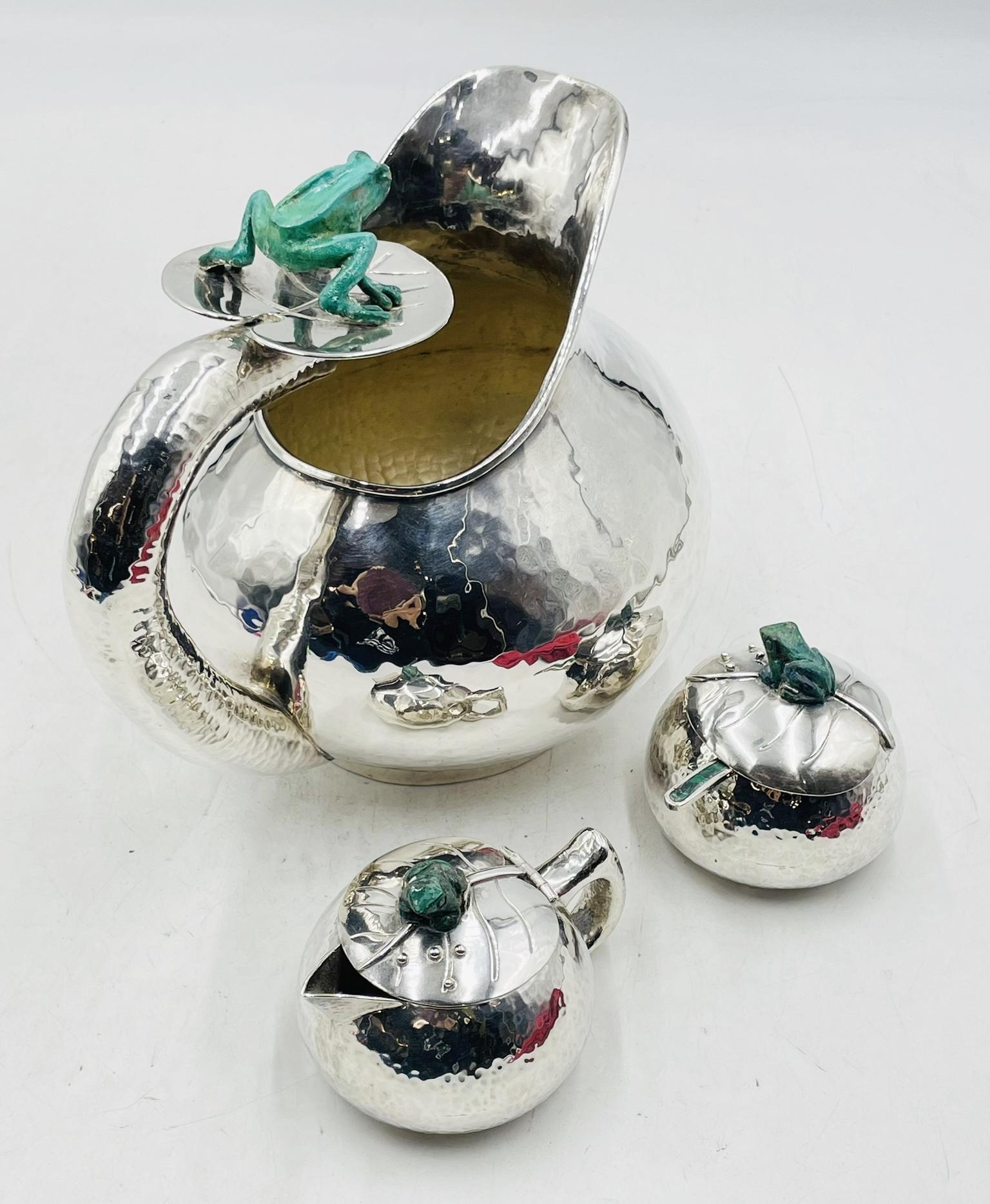 Plaqué argent Service à thé en argent Emilia Castillo avec grenouilles en malachite, signé Design/One mexicain en vente