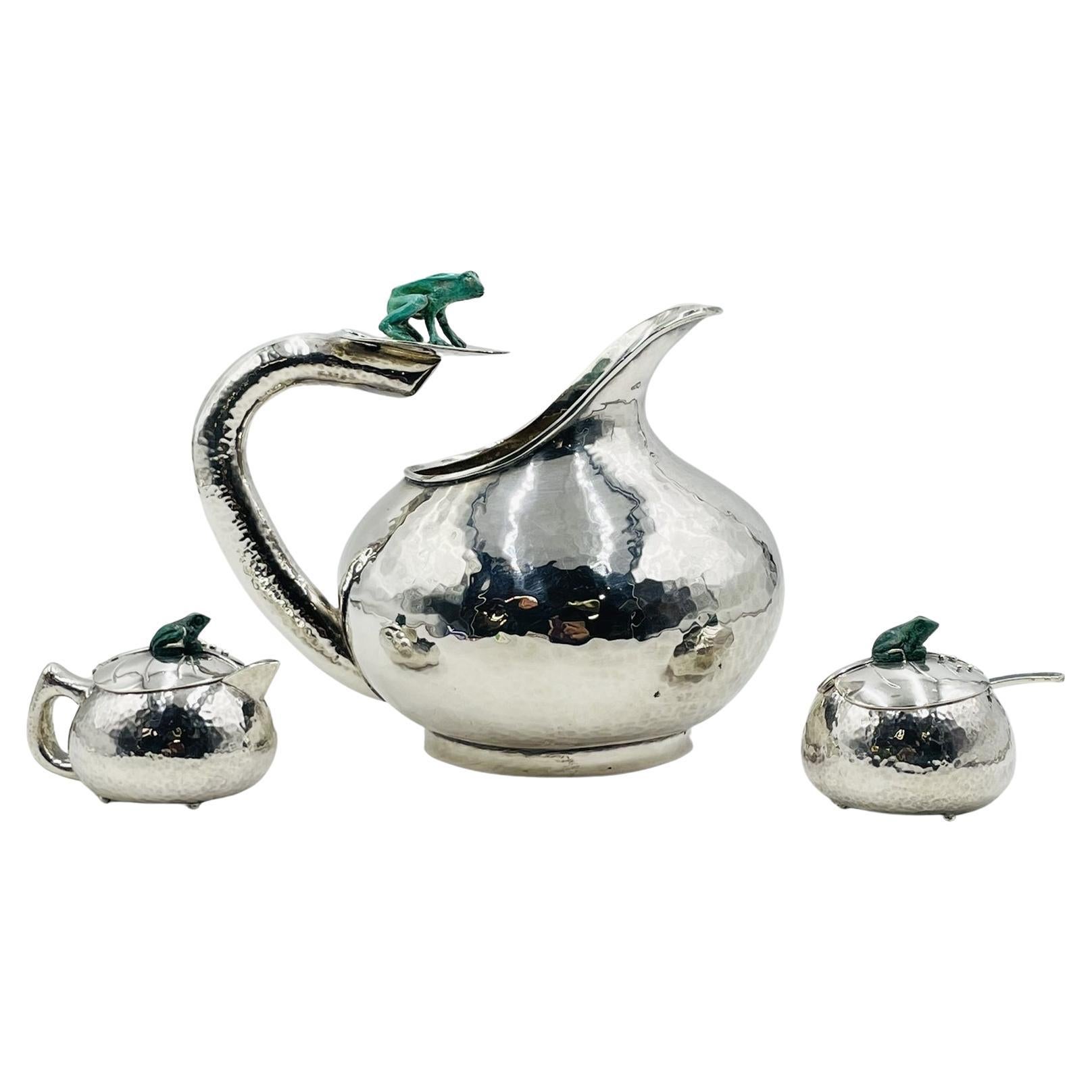 Service à thé en argent Emilia Castillo avec grenouilles en malachite, signé Design/One mexicain en vente