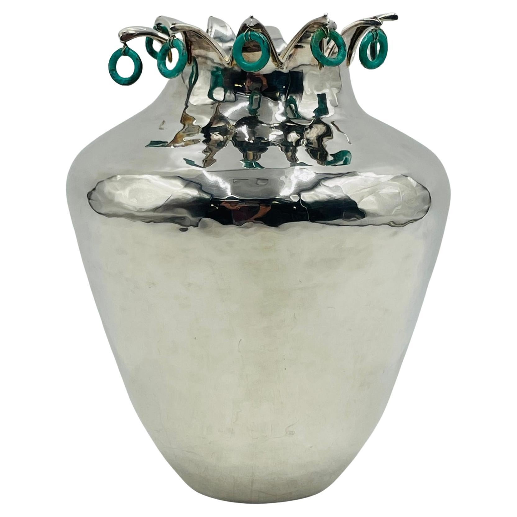 Vaso d'argento di Emilia Castillo con accenti di pietra, firmato, Taxco Mexico