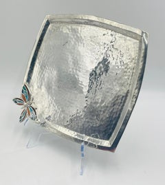 Emilia Castillo Silverplated Butterfly Tray with Stone Inlay, Taxco