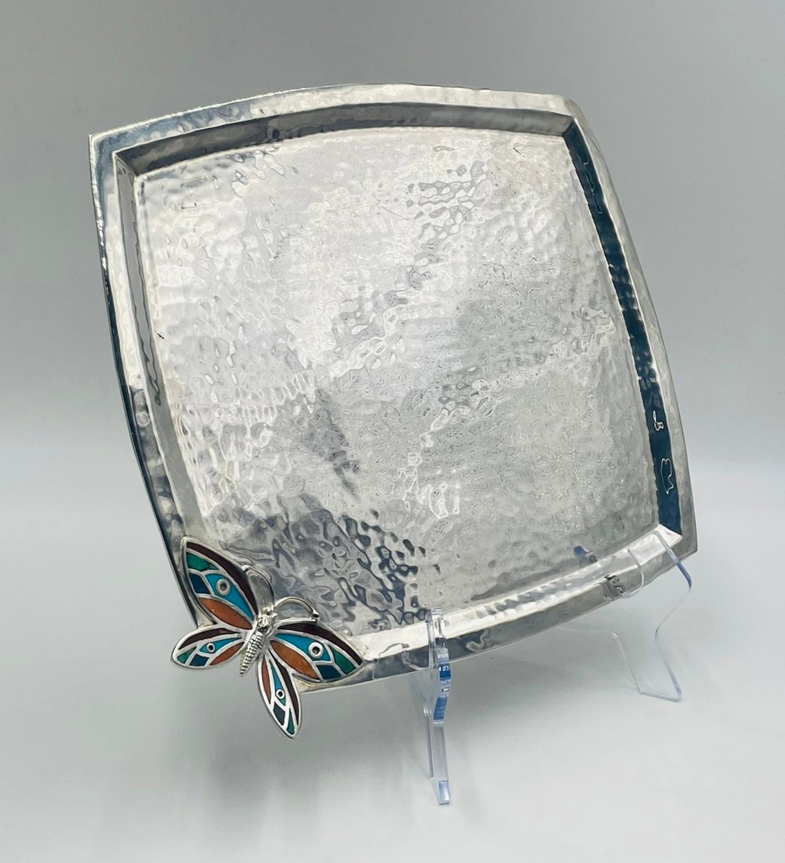 Modern Emilia Castillo Silverplate Butterfly Tray with Stone Inlay, Taxco For Sale