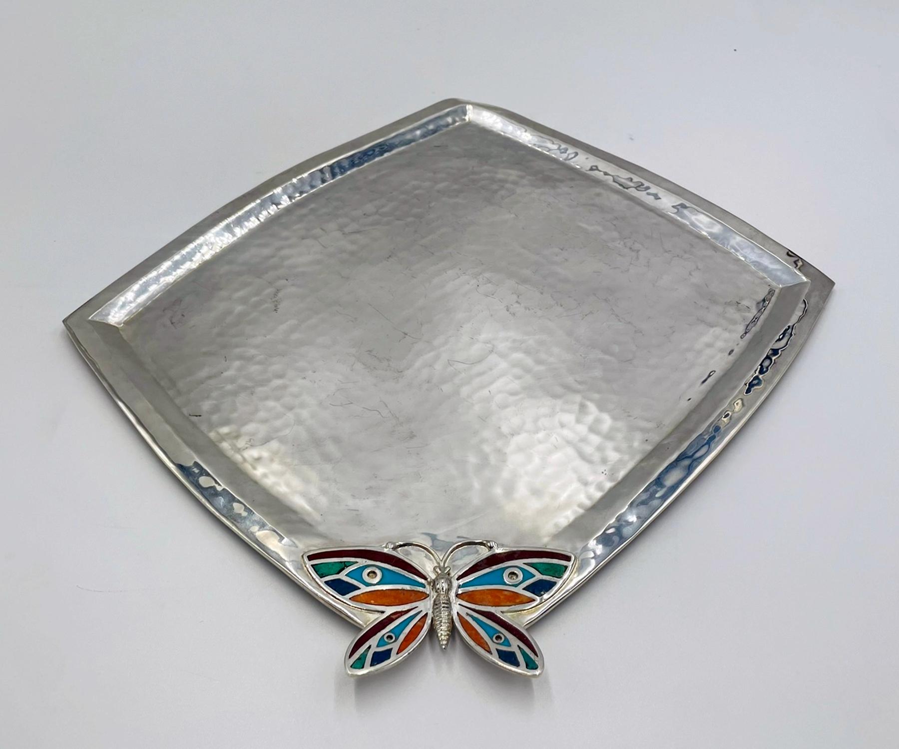 Mexican Emilia Castillo Silverplate Butterfly Tray with Stone Inlay, Taxco For Sale