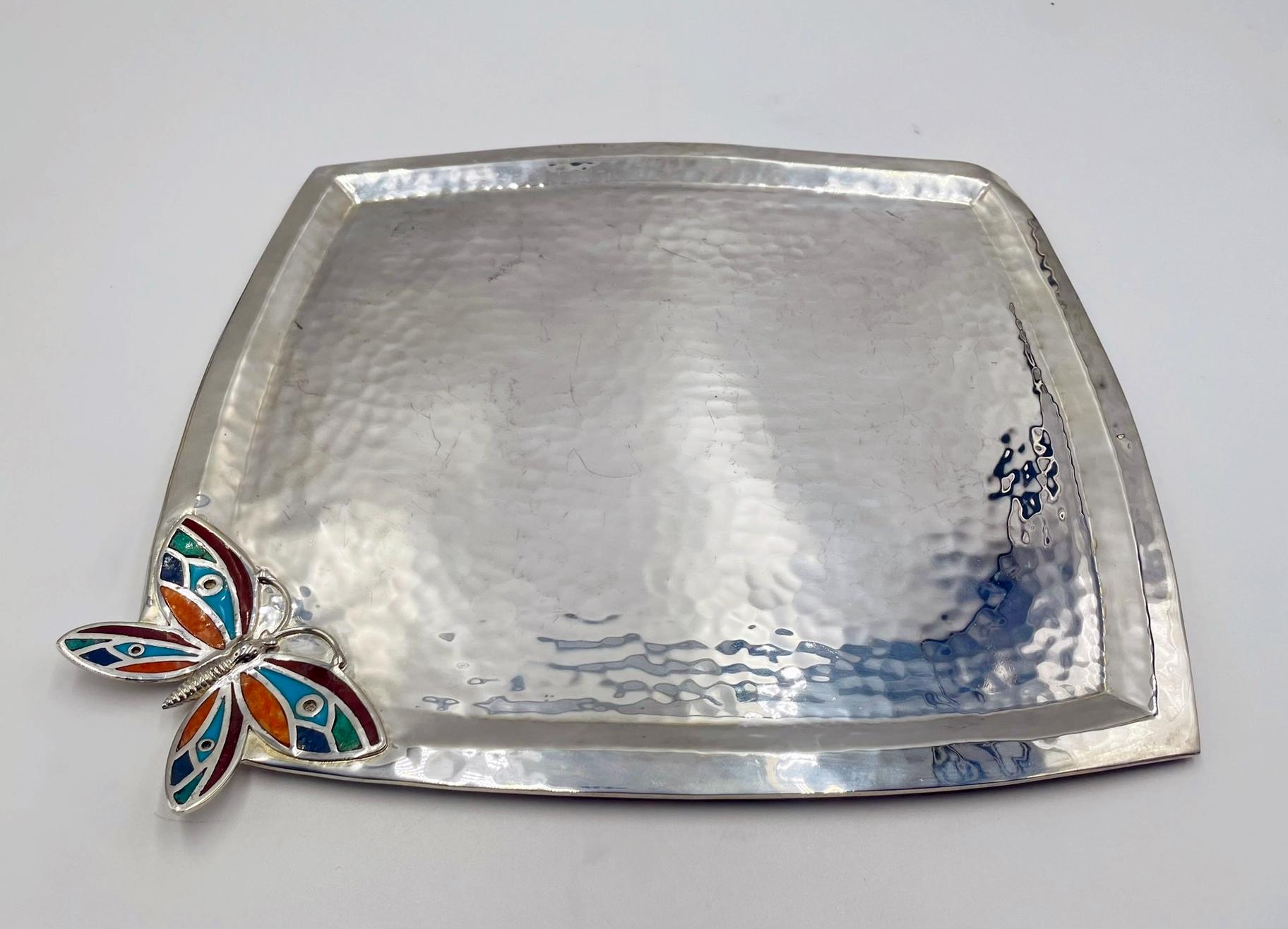 Hand-Crafted Emilia Castillo Silverplate Butterfly Tray with Stone Inlay, Taxco For Sale