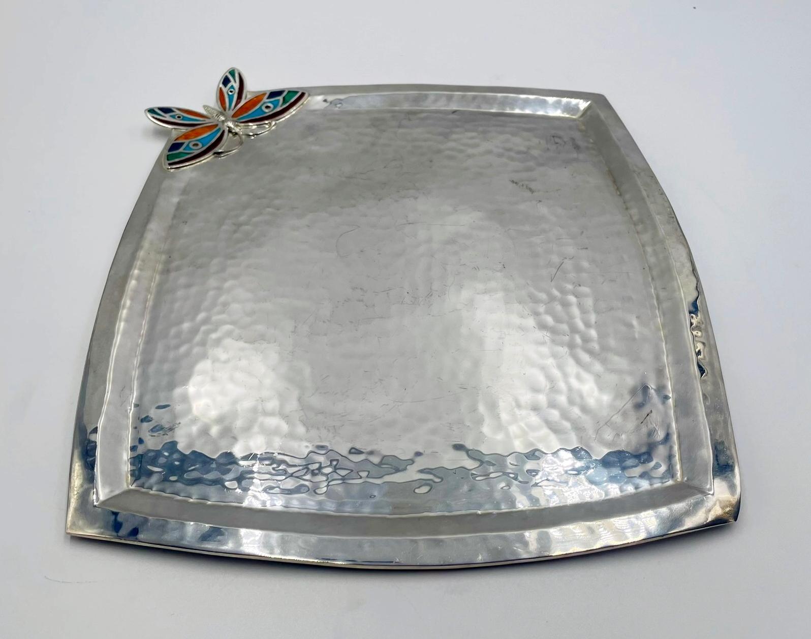 Emilia Castillo Silverplate Butterfly Tray with Stone Inlay, Taxco In Good Condition For Sale In Los Angeles, CA
