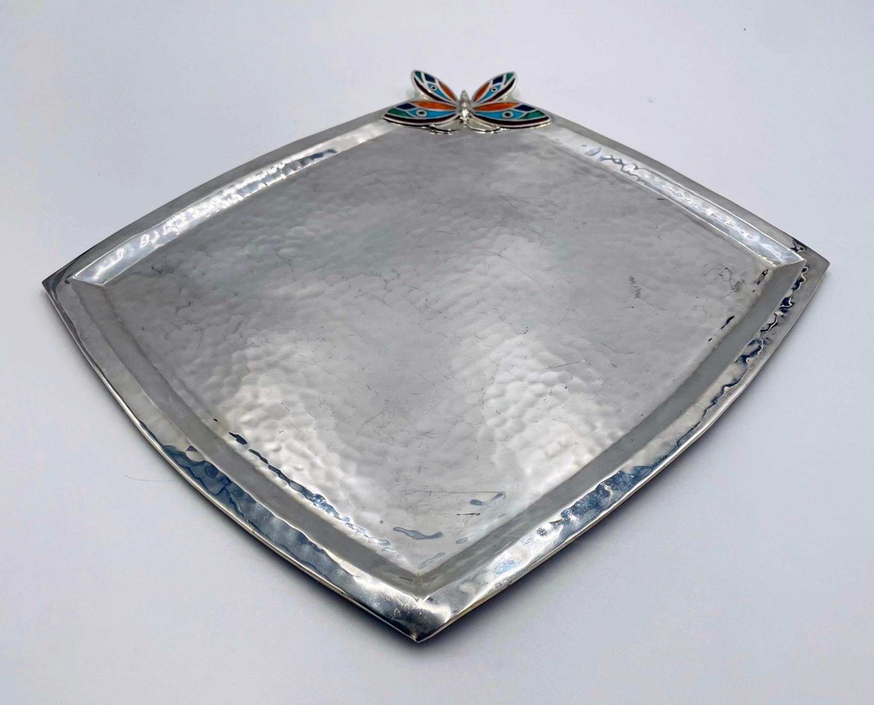 Late 20th Century Emilia Castillo Silverplate Butterfly Tray with Stone Inlay, Taxco For Sale