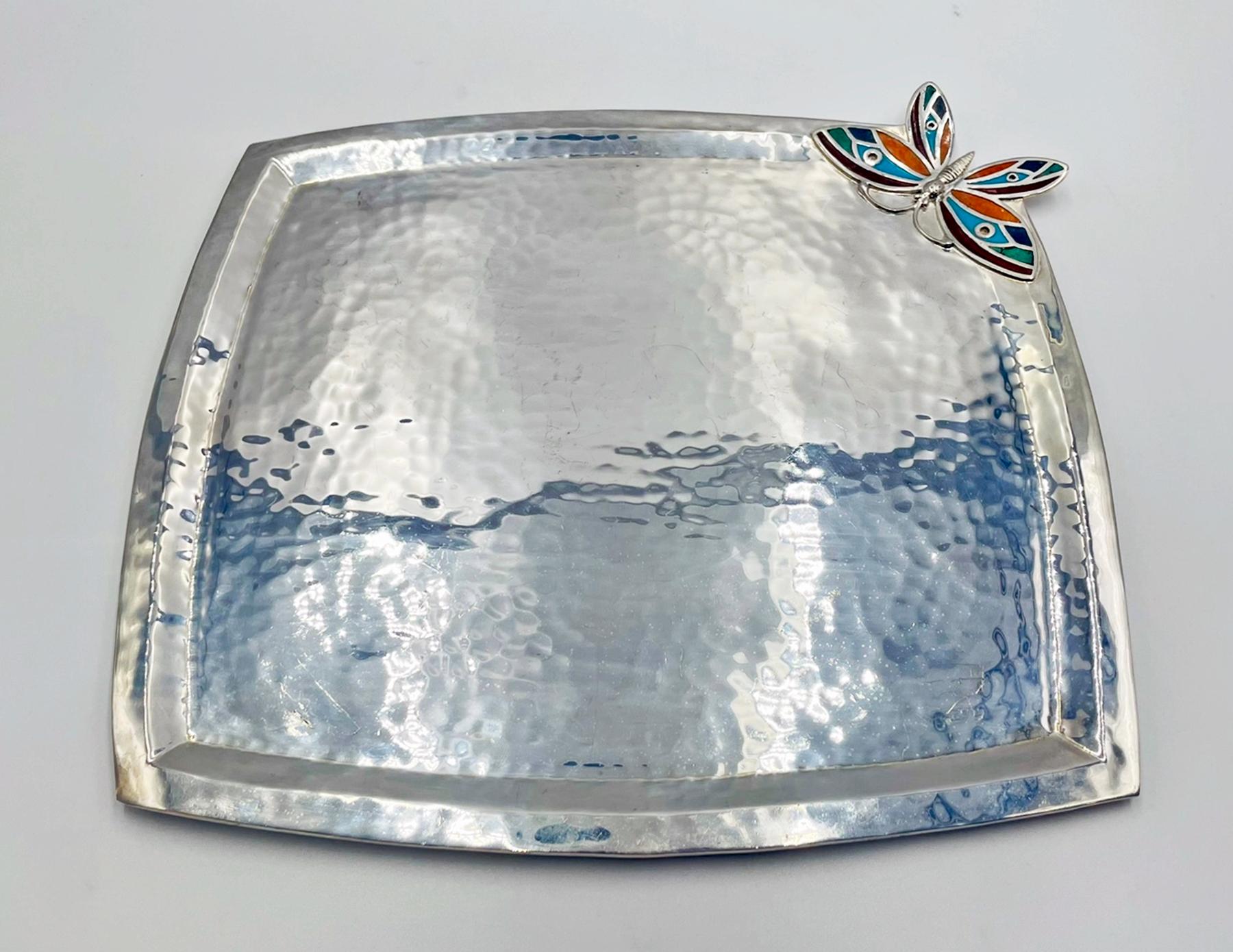 Silver Plate Emilia Castillo Silverplate Butterfly Tray with Stone Inlay, Taxco For Sale