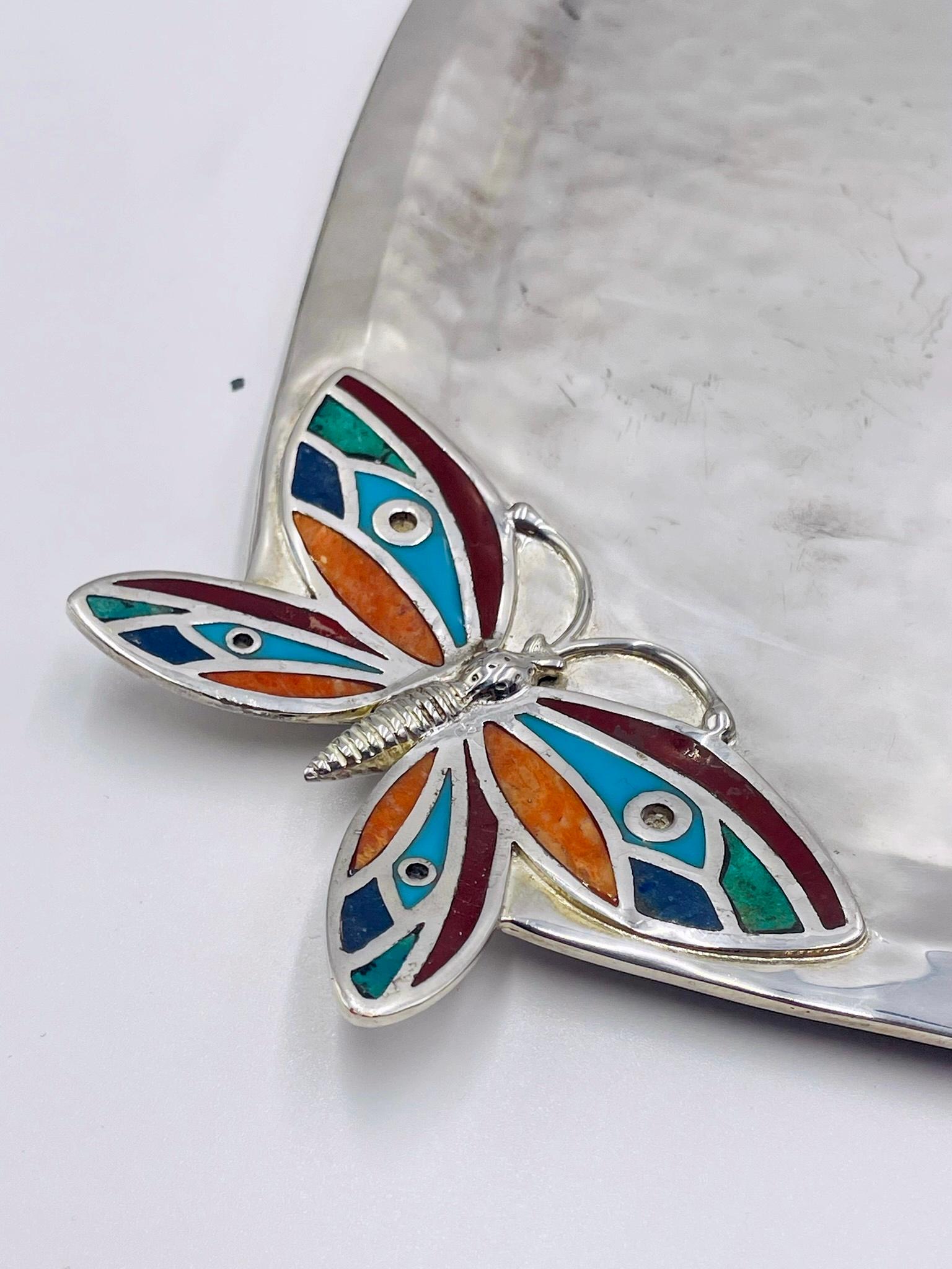 Emilia Castillo Silverplate Butterfly Tray with Stone Inlay, Taxco For Sale 1
