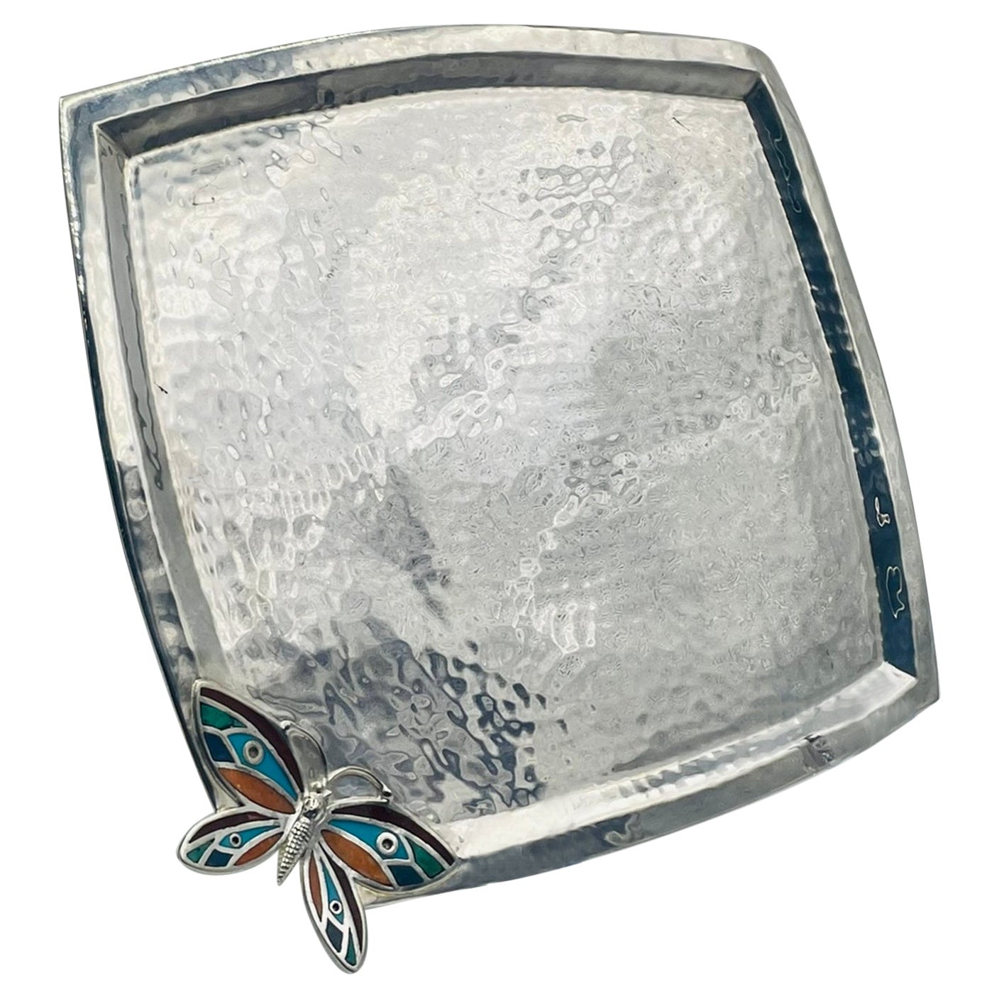 Emilia Castillo Silverplate Butterfly Tray with Stone Inlay, Taxco