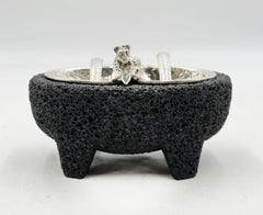 Emilia Castillo Silverplate Molcajete with Jaguar & Matching Spoons, Mexico