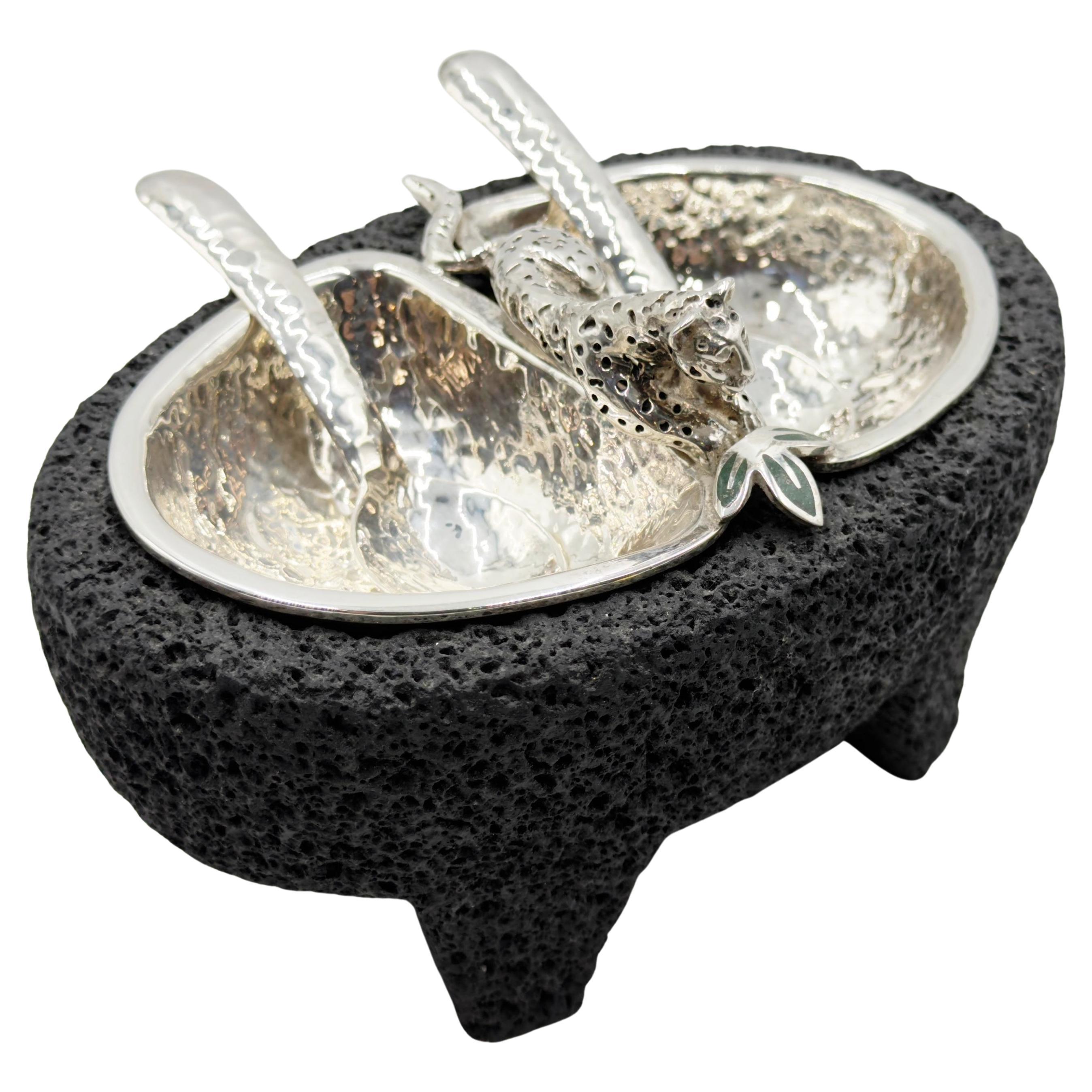 Emilia Castillo Silverplate Molcajete with Jaguar & Matching Spoons, Mexico