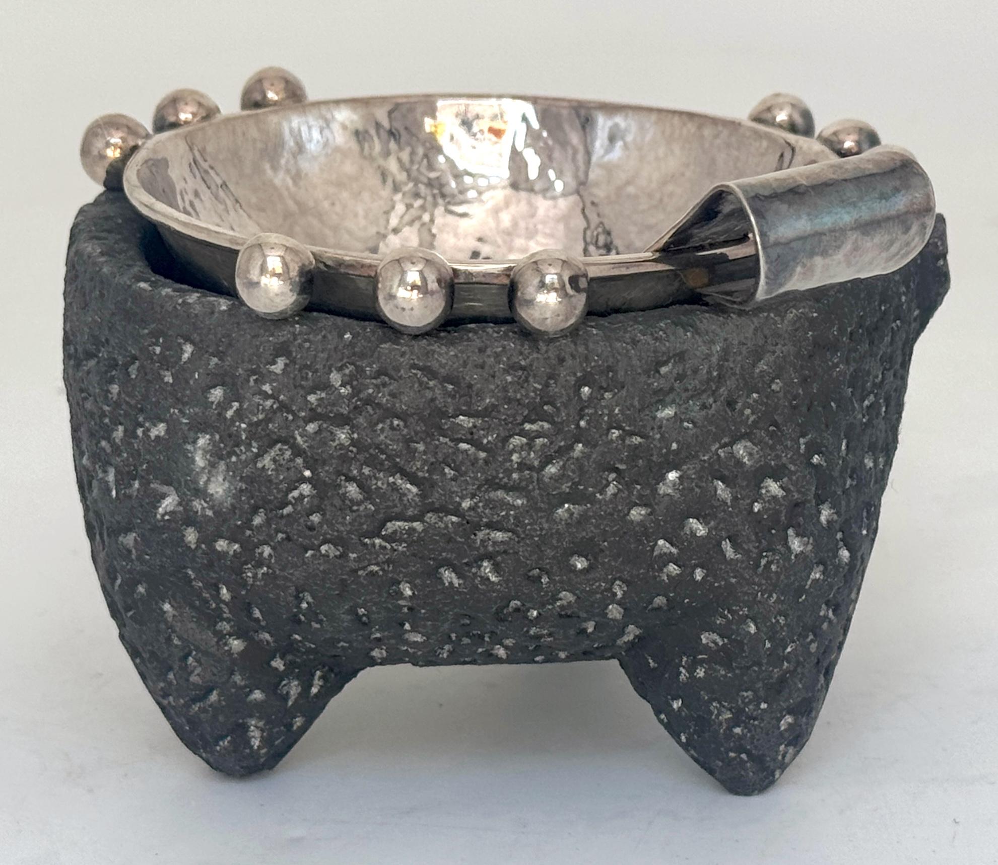 Emilia Castillo Sterling Silver & Volcanic Stone Molcajete with Spoon For Sale 3