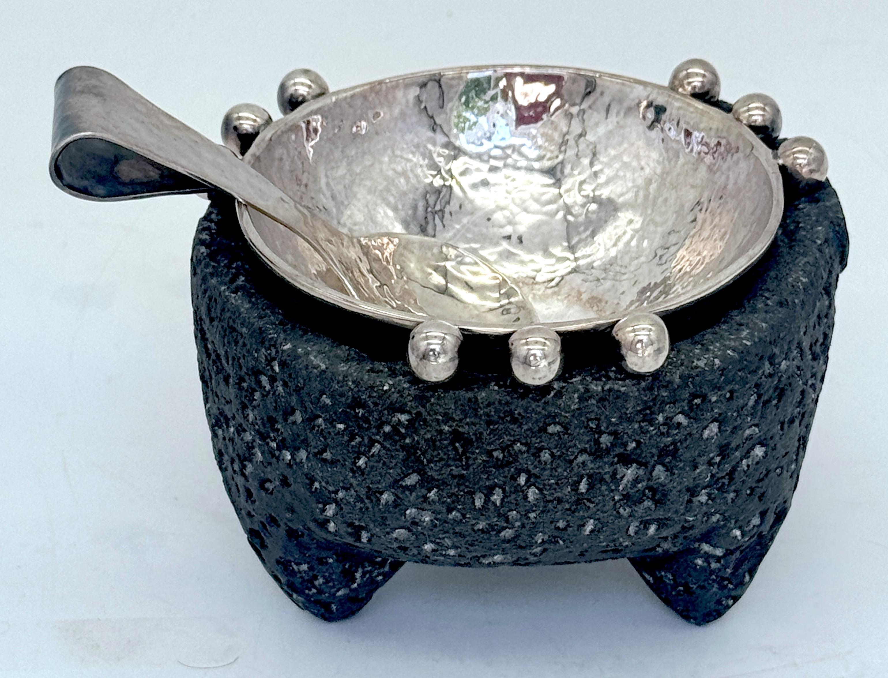 Emilia Castillo Sterling Silver & Volcanic Stone Molcajete with Spoon For Sale 4