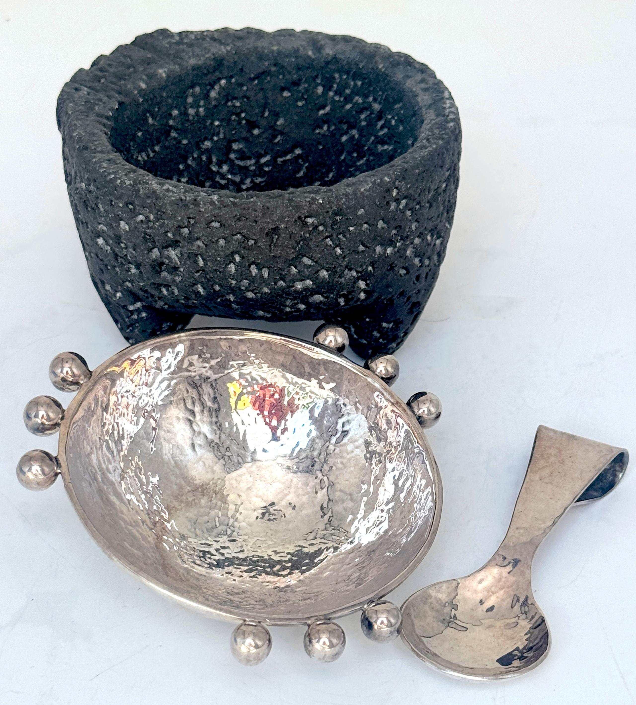 Modern Emilia Castillo Sterling Silver & Volcanic Stone Molcajete with Spoon For Sale