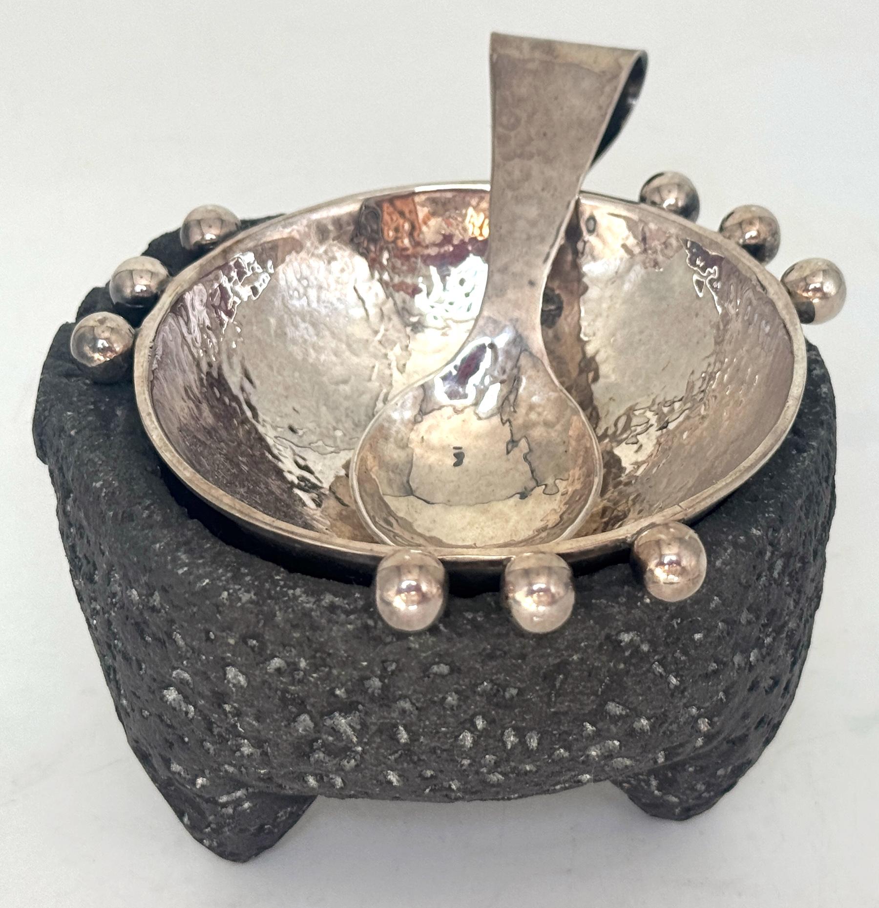 20th Century Emilia Castillo Sterling Silver & Volcanic Stone Molcajete with Spoon For Sale