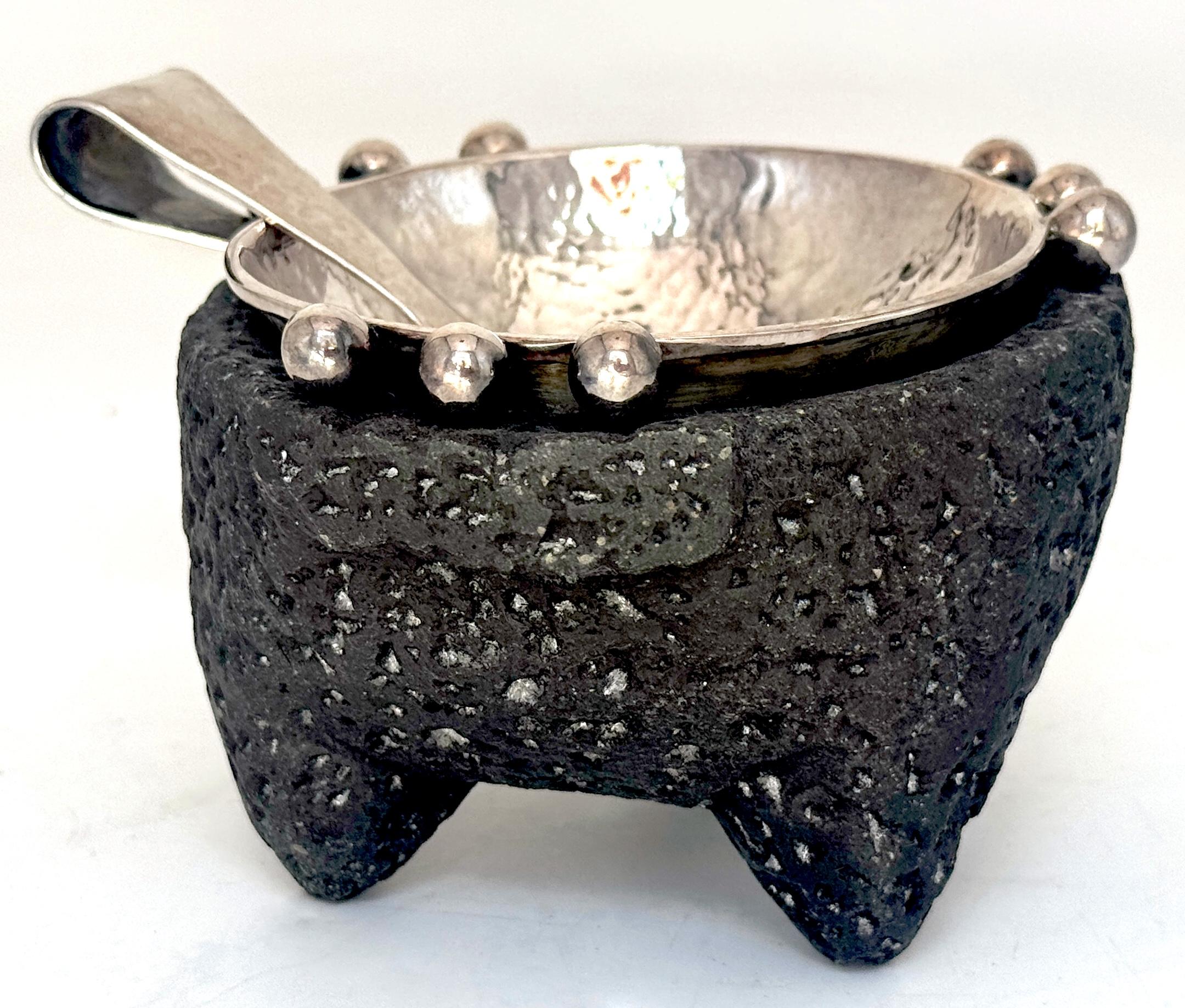 Emilia Castillo Sterling Silver & Volcanic Stone Molcajete with Spoon For Sale 1