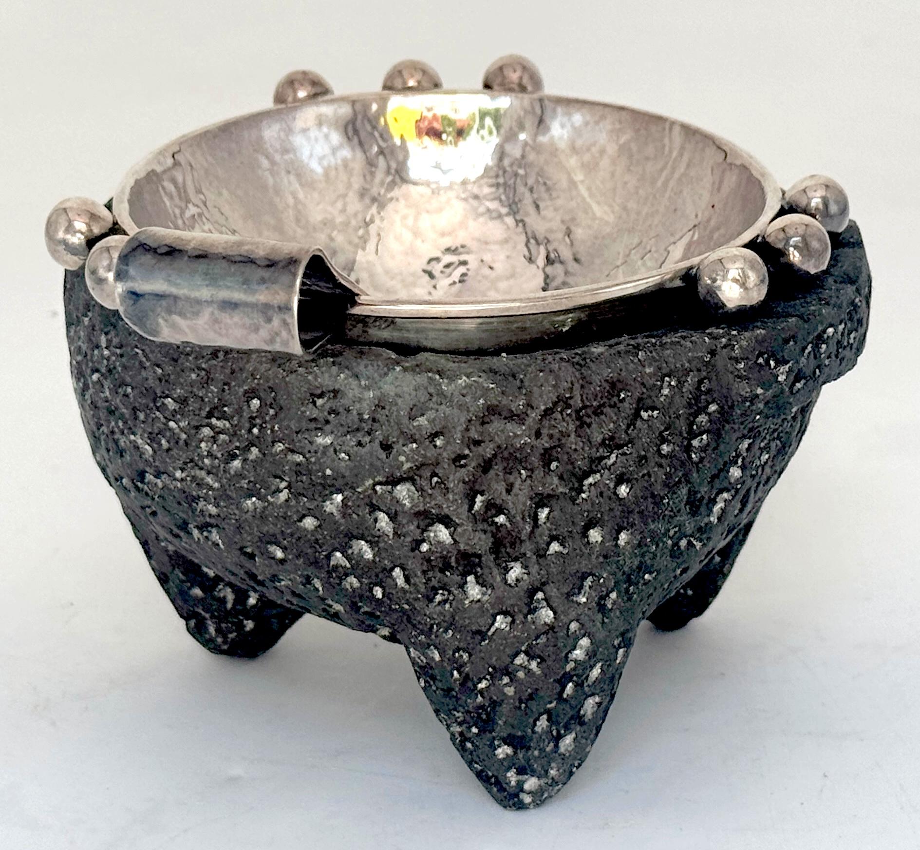 Emilia Castillo Sterling Silver & Volcanic Stone Molcajete with Spoon For Sale 2