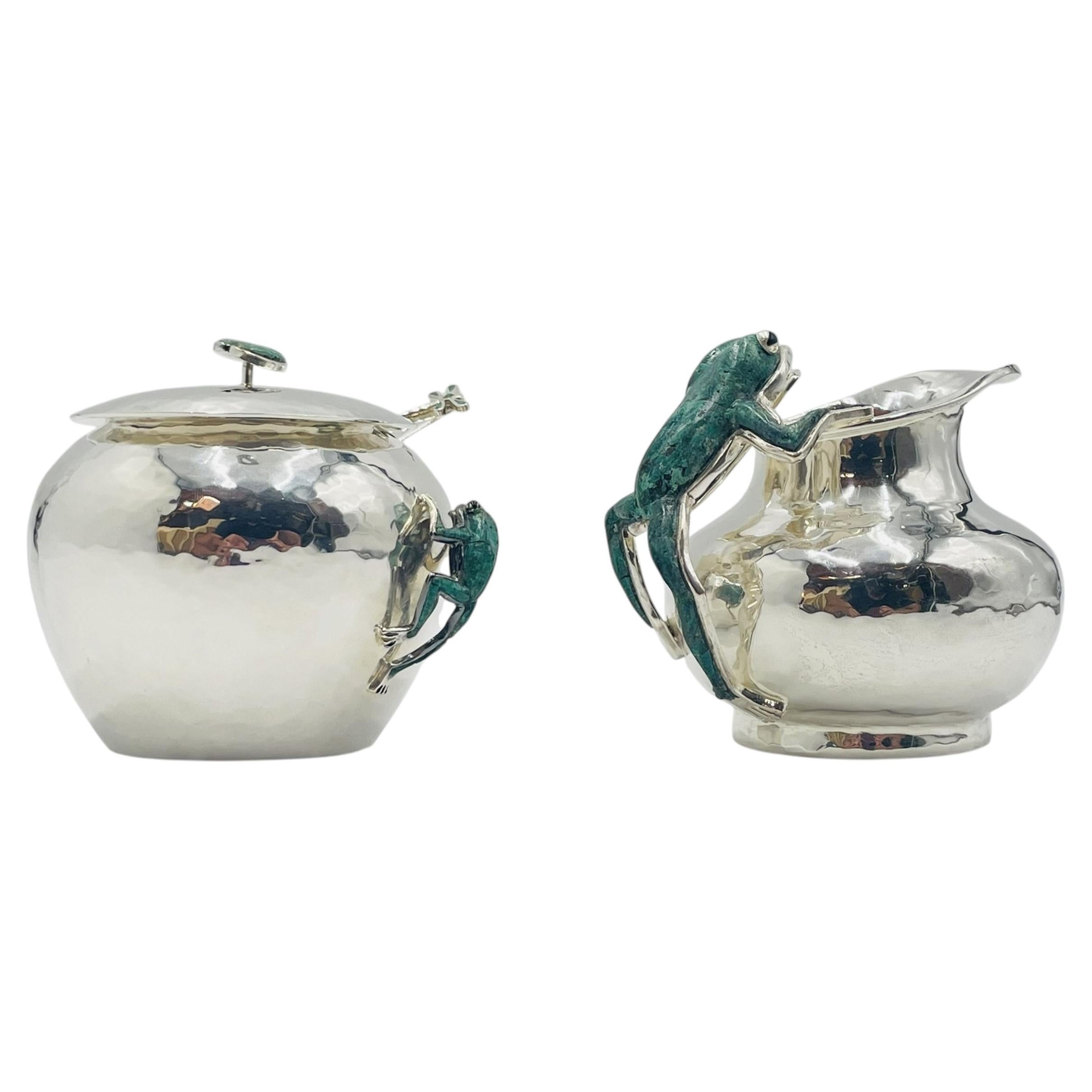 Silver & Malachite Creamer, Spoon & Covered Sugar Pot Set by Emilia Castillo