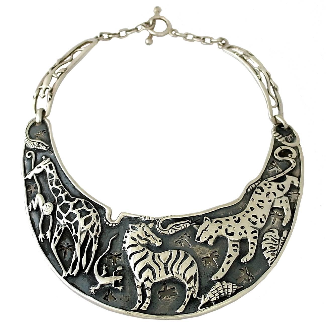 Emilia Castillo Taxco Sterling Silver Necklace Exotic Animal Motif For Sale