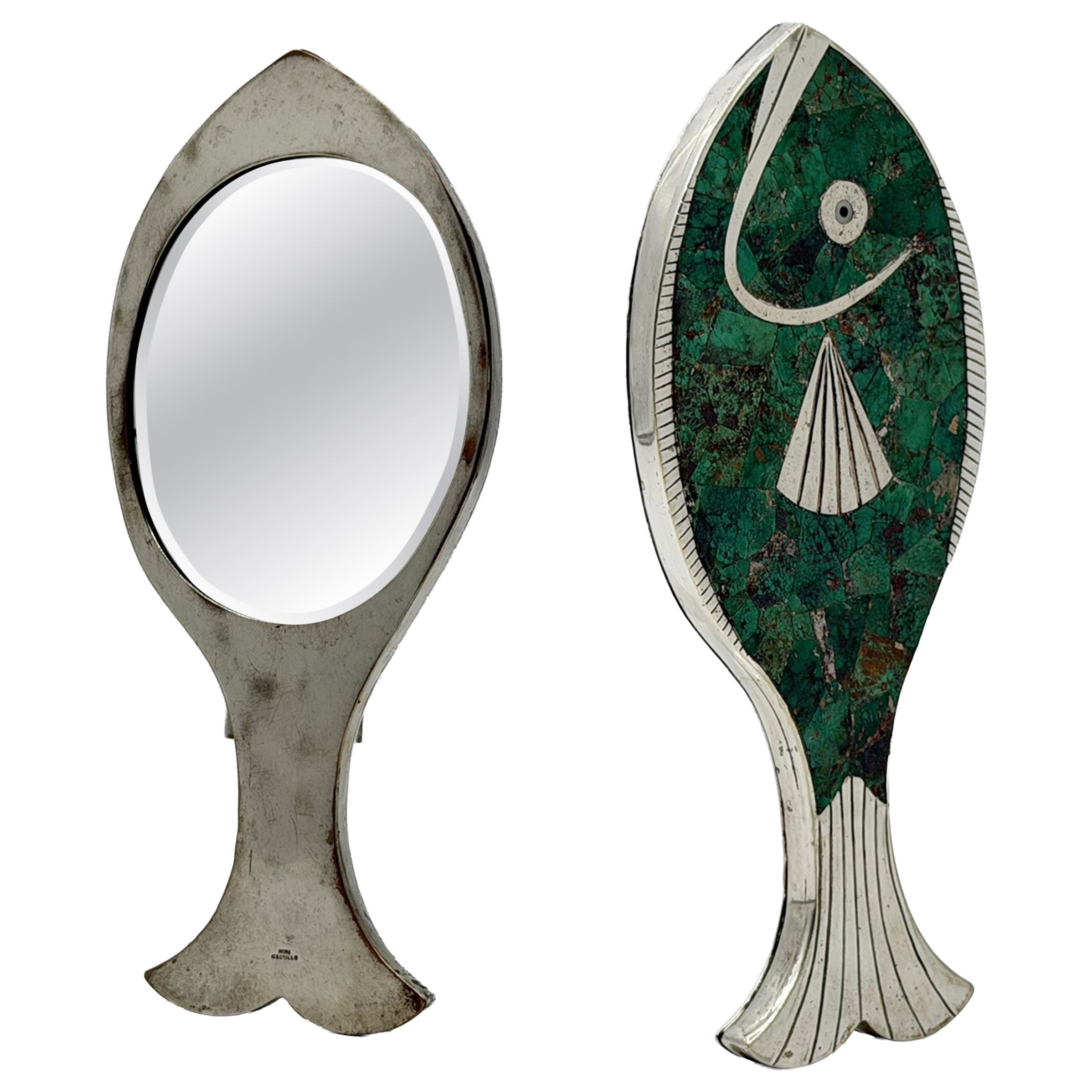 Emilia “Mimi” Castillo Taxco Malachite Silver Plate Fish Hand Mirror, 1970s For Sale