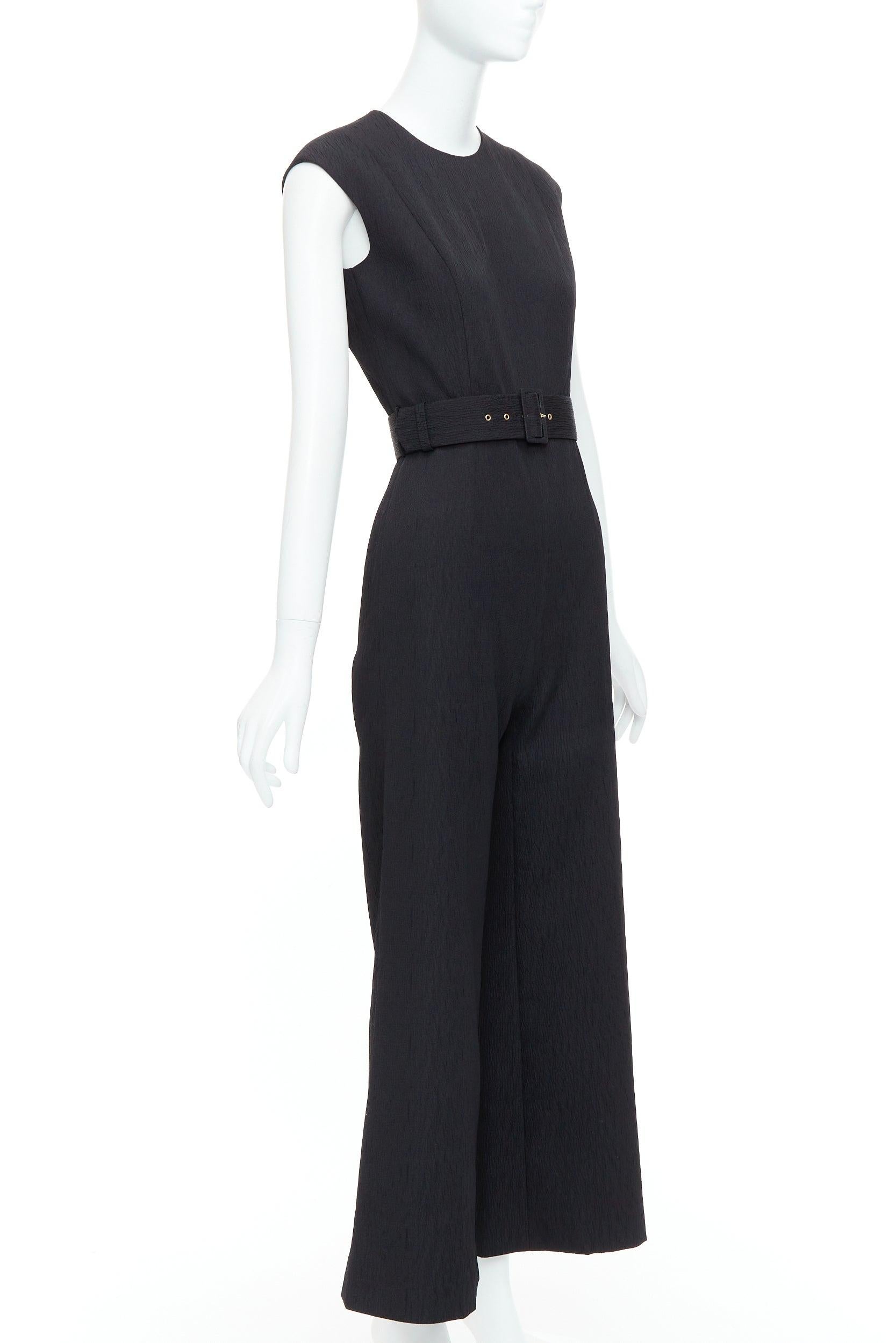Black EMILIA WICKSTEAD black cloque crew neck cropped belted jumpsuit UK8 S For Sale