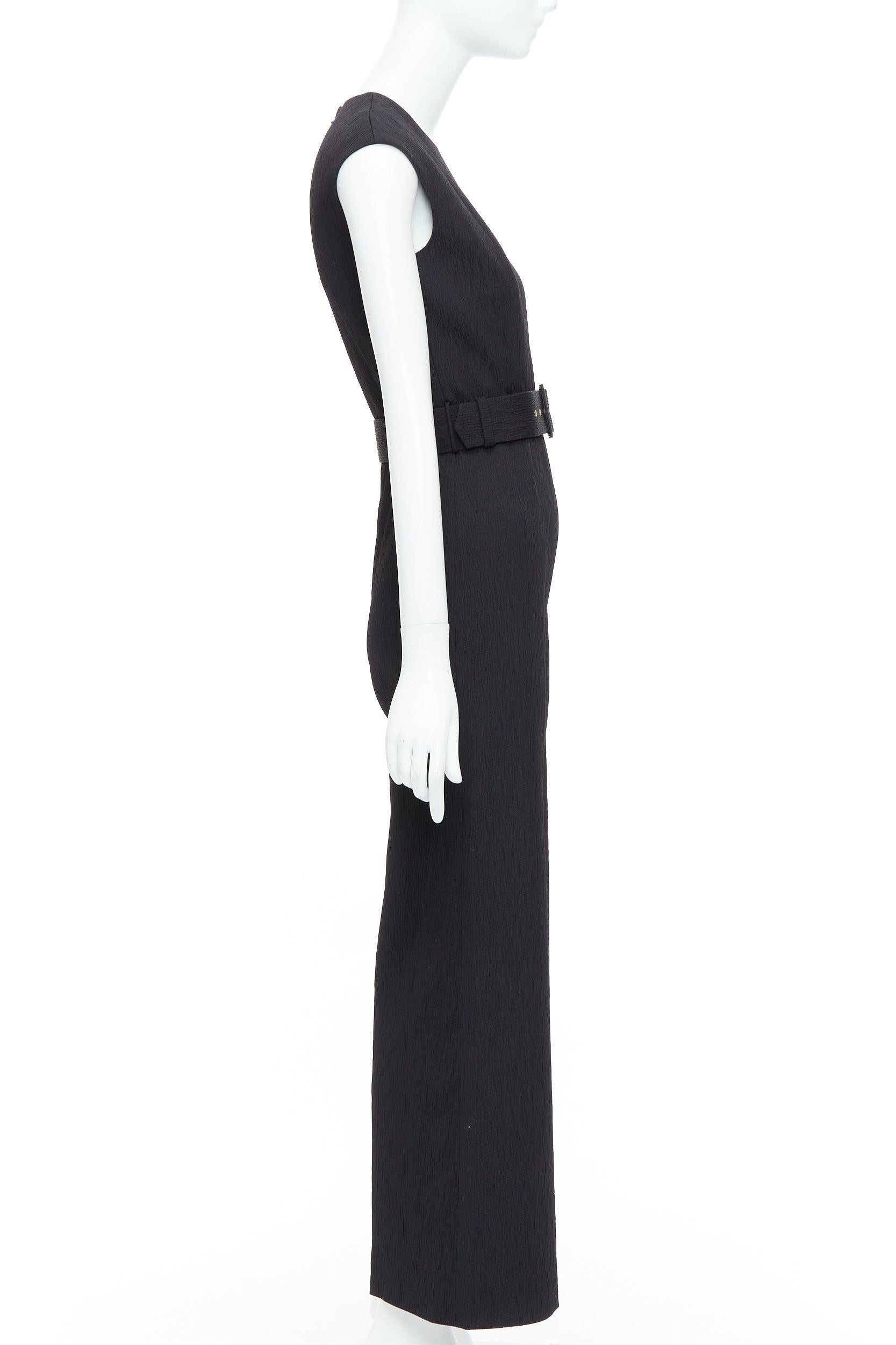 EMILIA WICKSTEAD black cloque crew neck cropped belted jumpsuit UK8 S In Excellent Condition For Sale In Hong Kong, NT