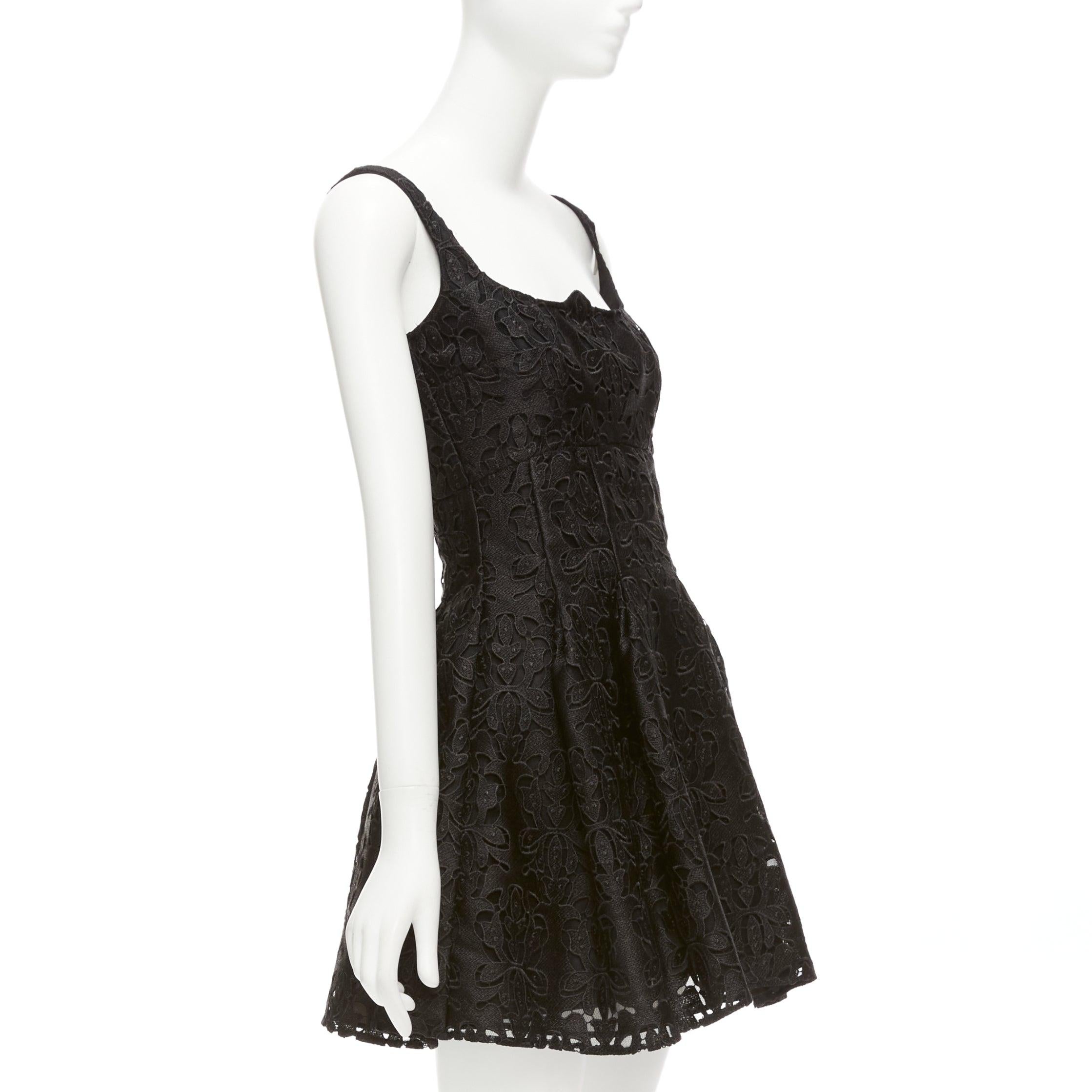 Black EMILIA WICKSTEAD black floral lace paisley scalloped neckline flared dress UK8 S For Sale