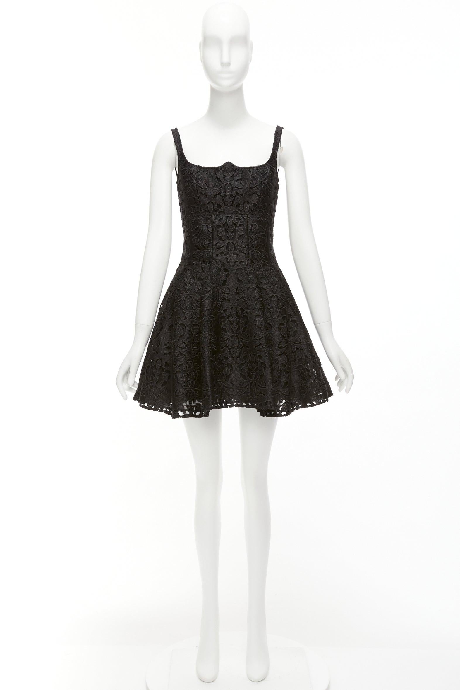 EMILIA WICKSTEAD black floral lace paisley scalloped neckline flared dress UK8 S For Sale 4