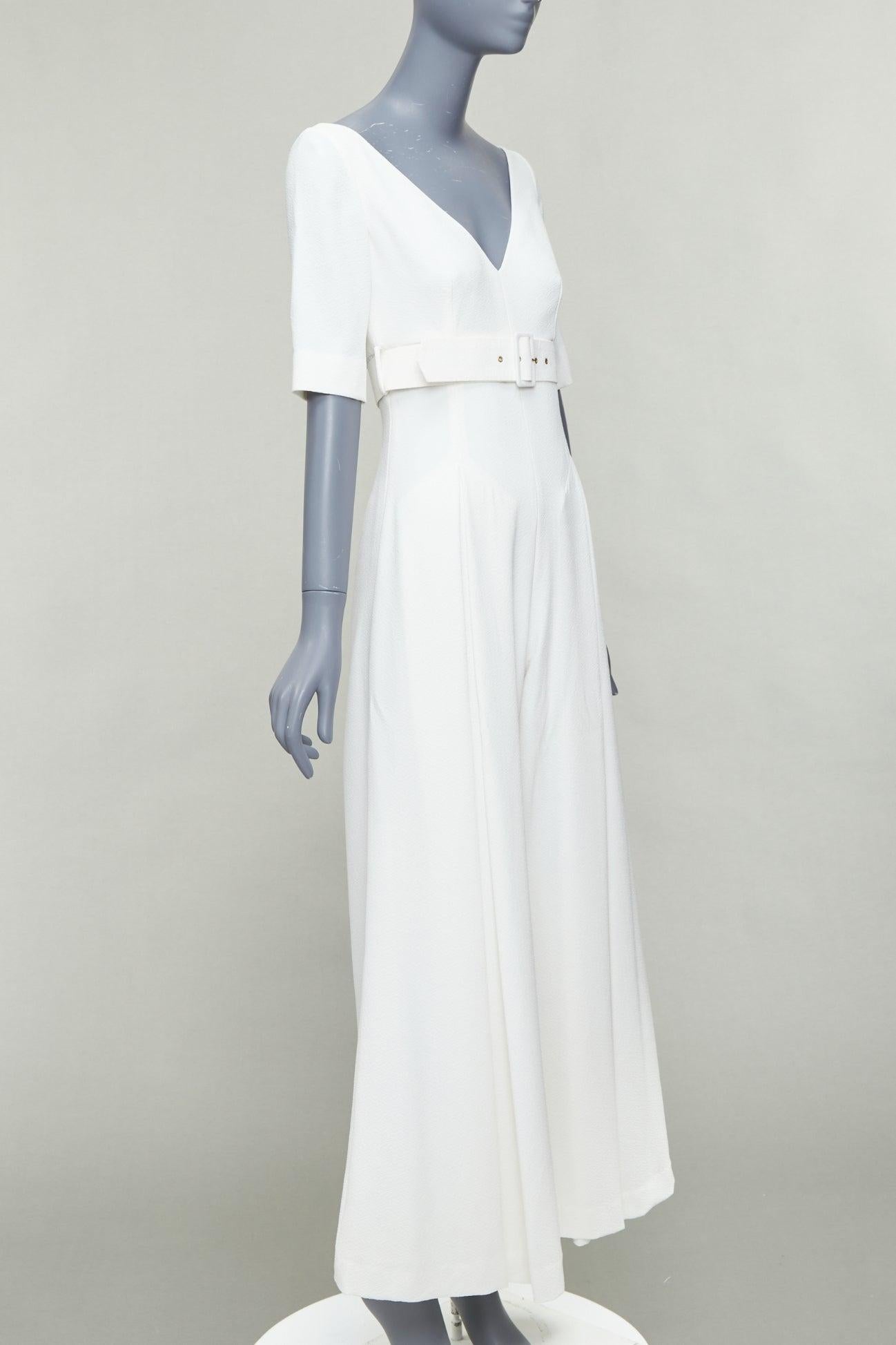 Gray EMILIA WICKSTEAD cream cloque wide leg v neck belted jumpsuit UK8 S For Sale