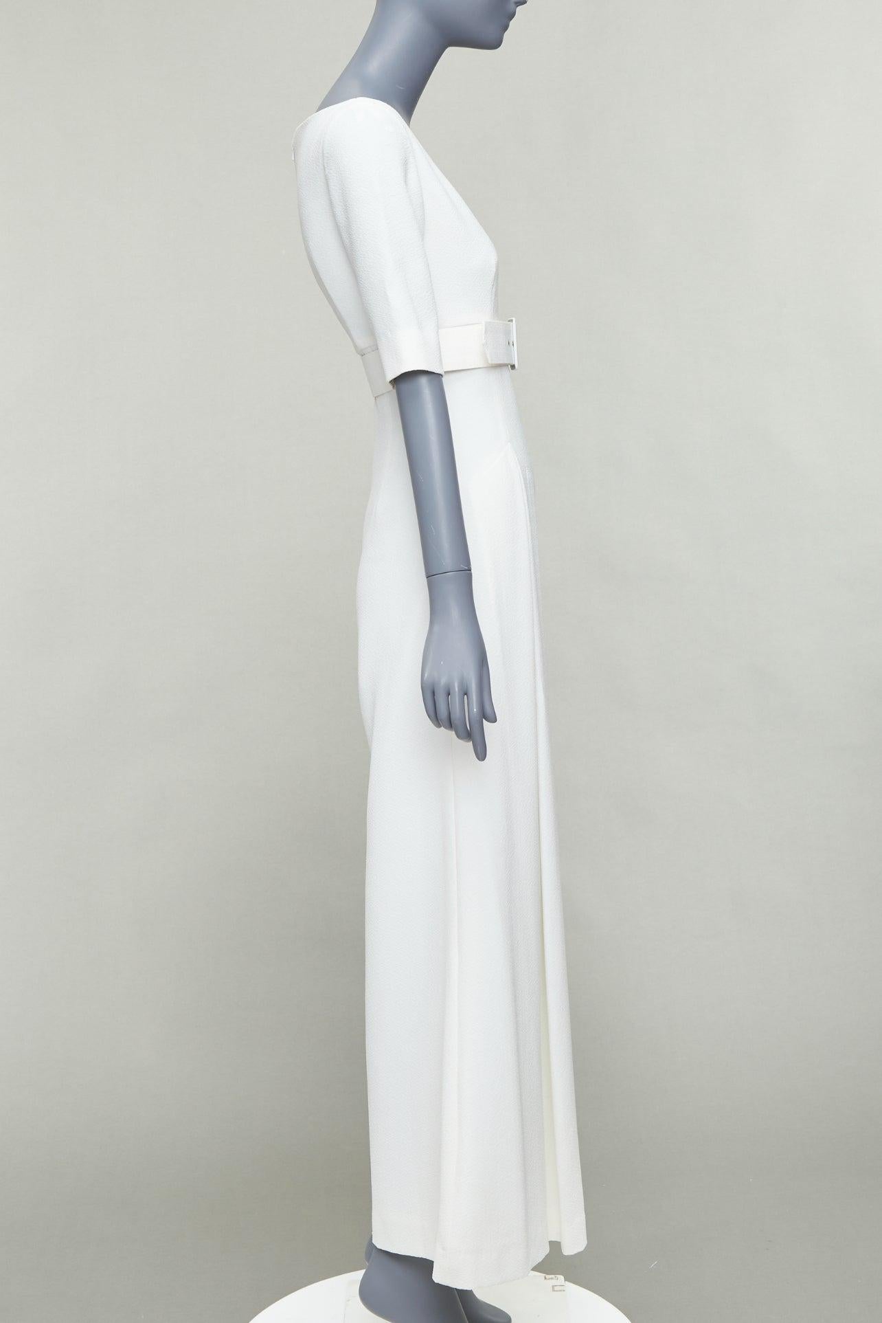 EMILIA WICKSTEAD cream cloque wide leg v neck belted jumpsuit UK8 S In Good Condition For Sale In Hong Kong, NT