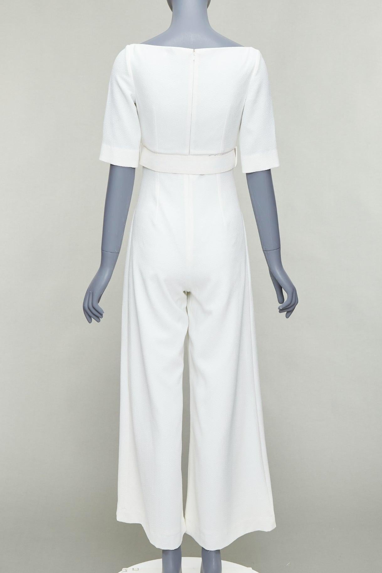 Women's EMILIA WICKSTEAD cream cloque wide leg v neck belted jumpsuit UK8 S For Sale