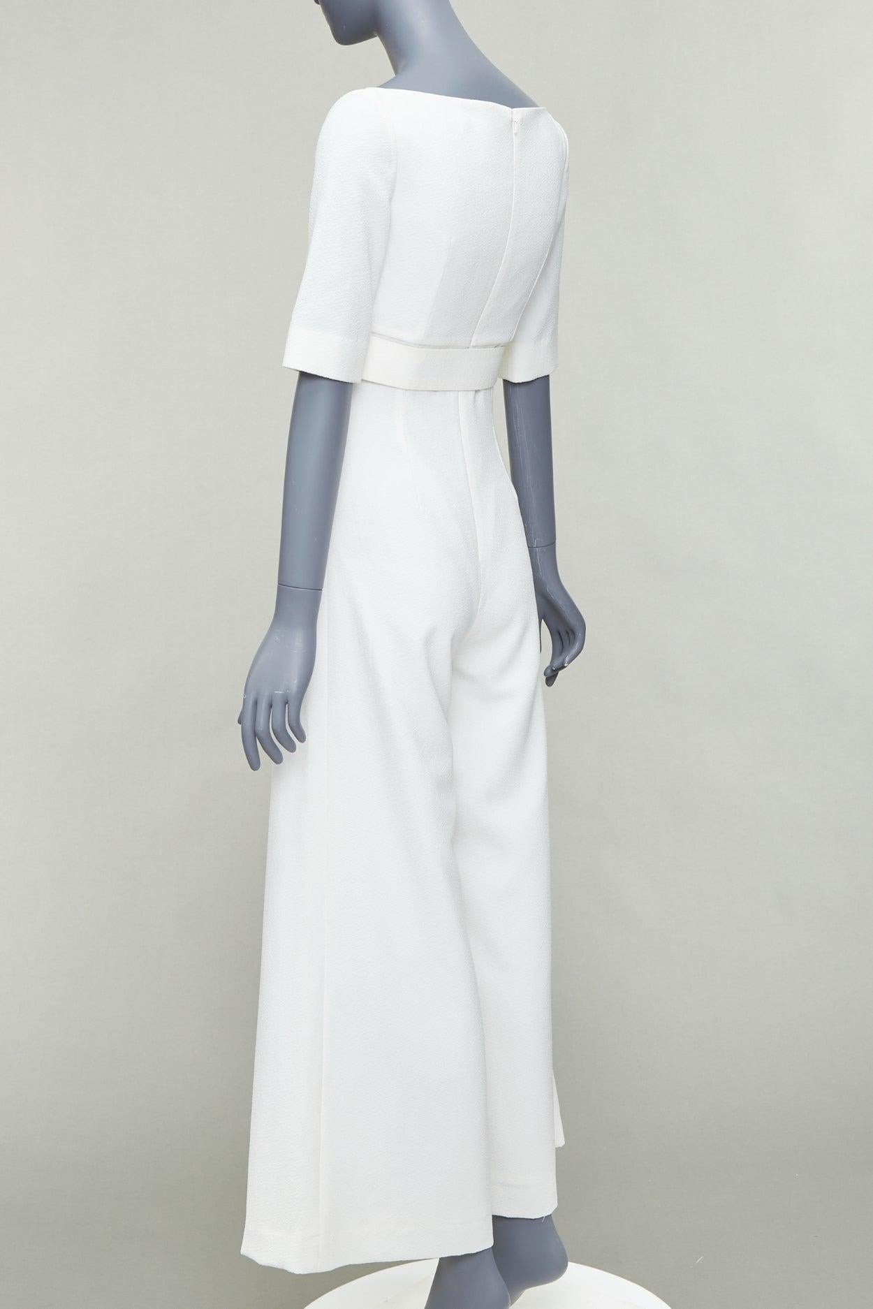 EMILIA WICKSTEAD cream cloque wide leg v neck belted jumpsuit UK8 S For Sale 1