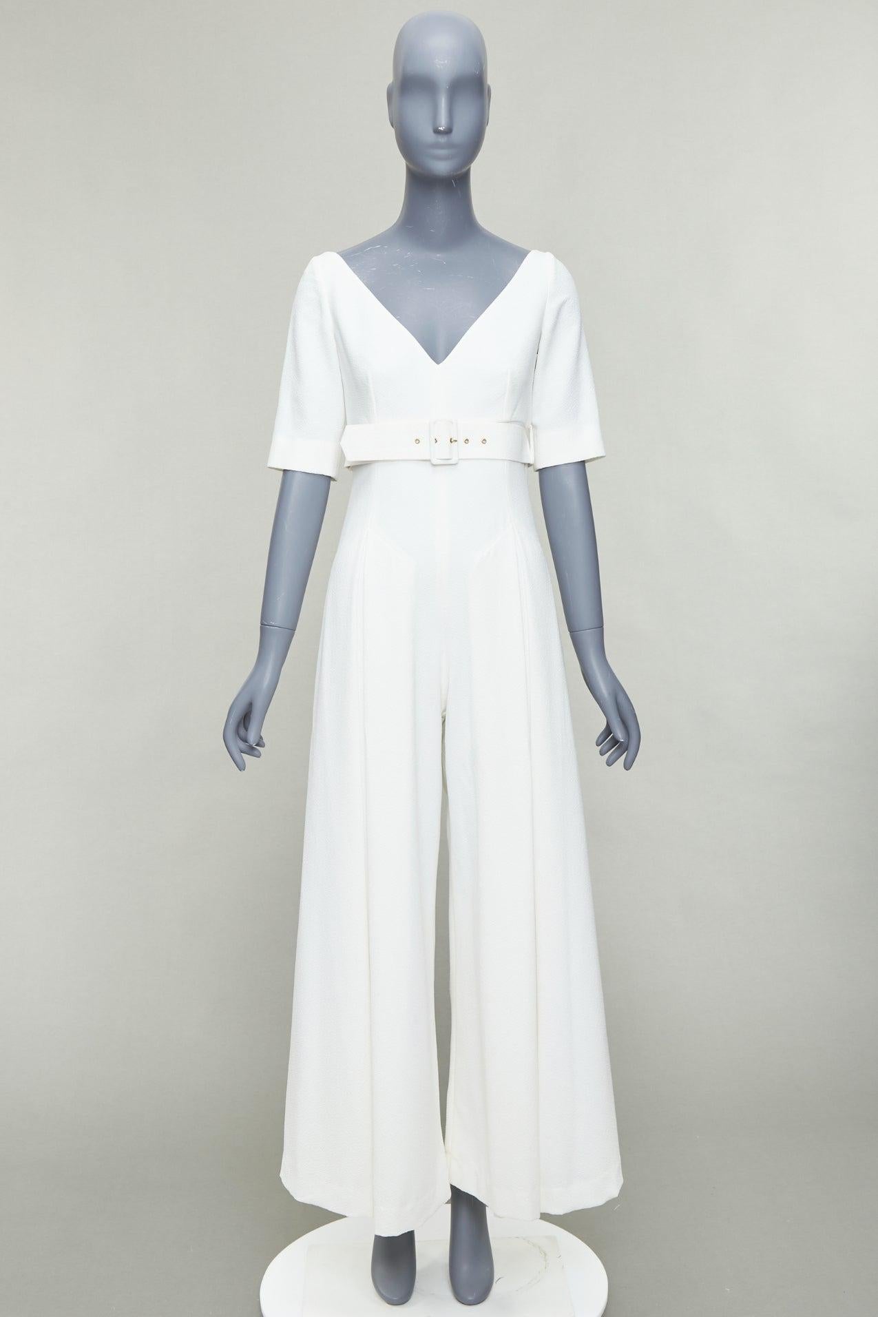 EMILIA WICKSTEAD cream cloque wide leg v neck belted jumpsuit UK8 S For Sale 4