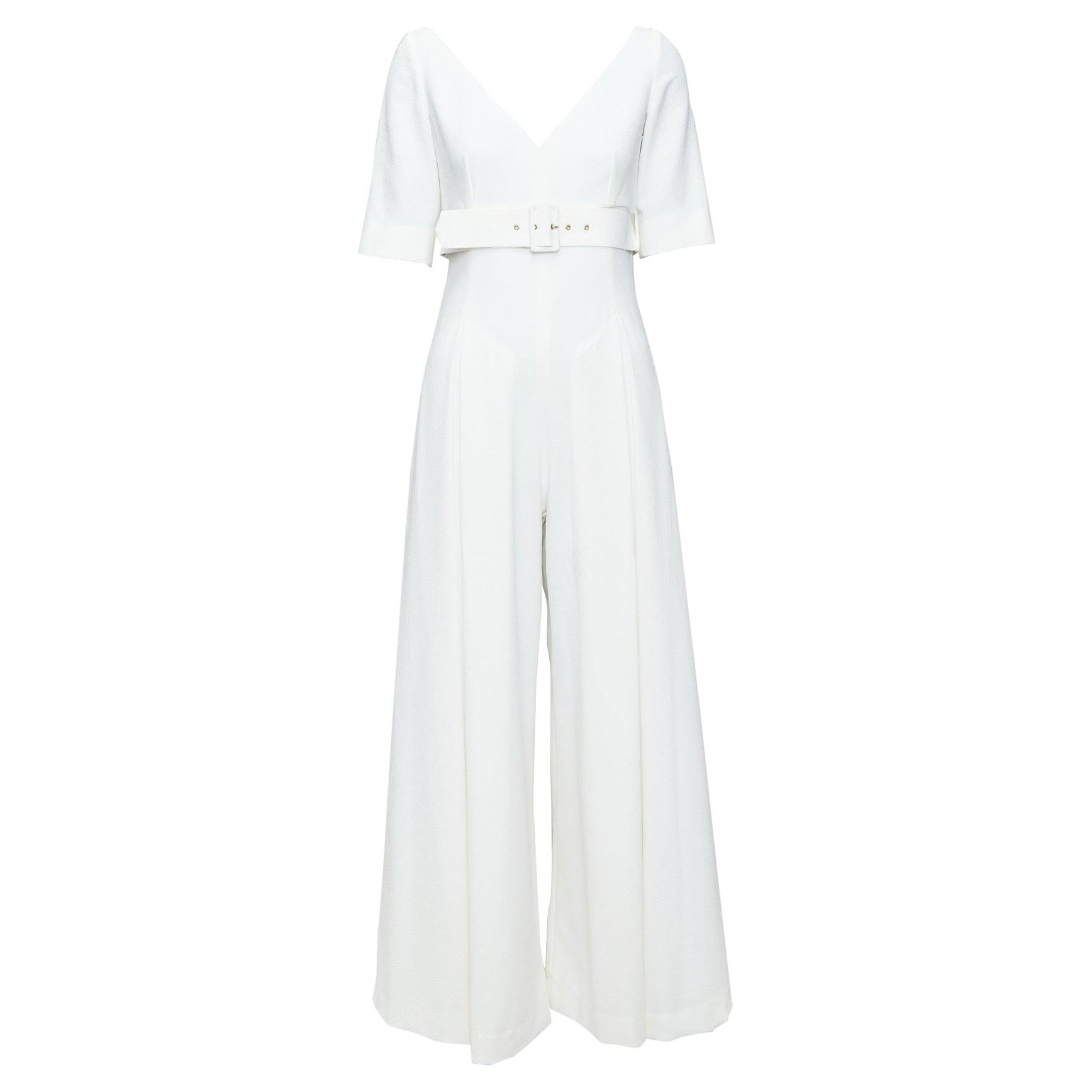 EMILIA WICKSTEAD crema cloque tuta a gamba larga con collo a V e cintura UK8 S.I.V.A.