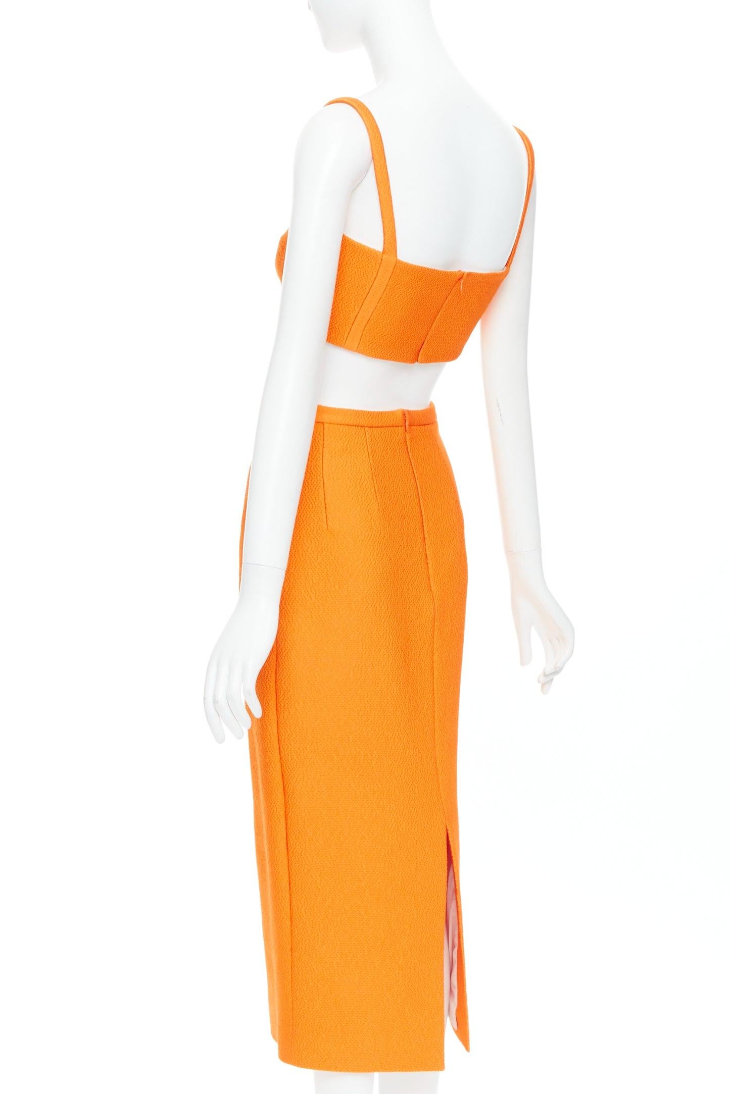 Women's EMILIA WICKSTEAD orange darted panelled crop top pencil skirt set UK8 S For Sale