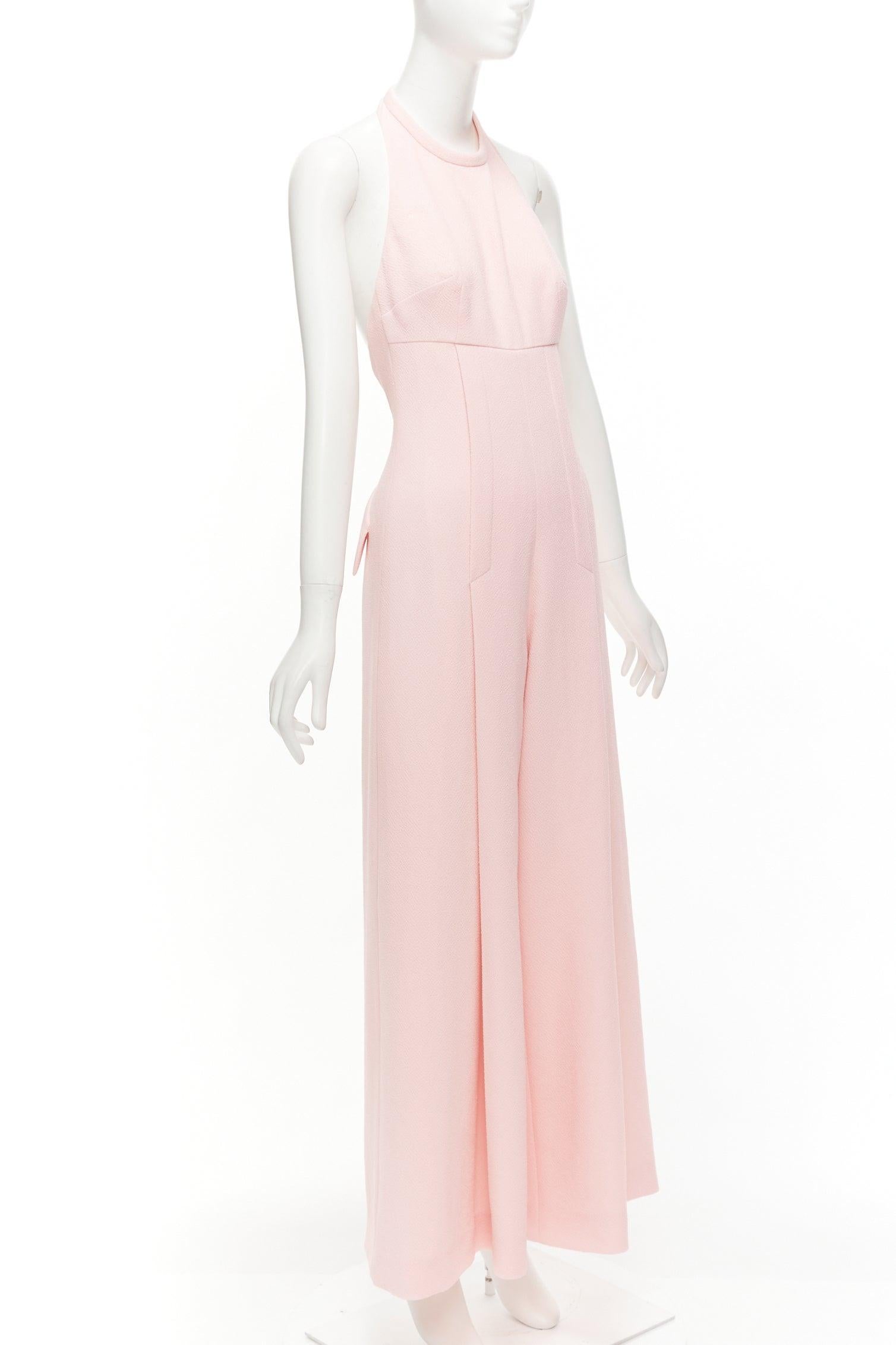 White EMILIA WICKSTEAD Sabryn pink pleated front flap back halter wide jumpsuit UK8 S For Sale